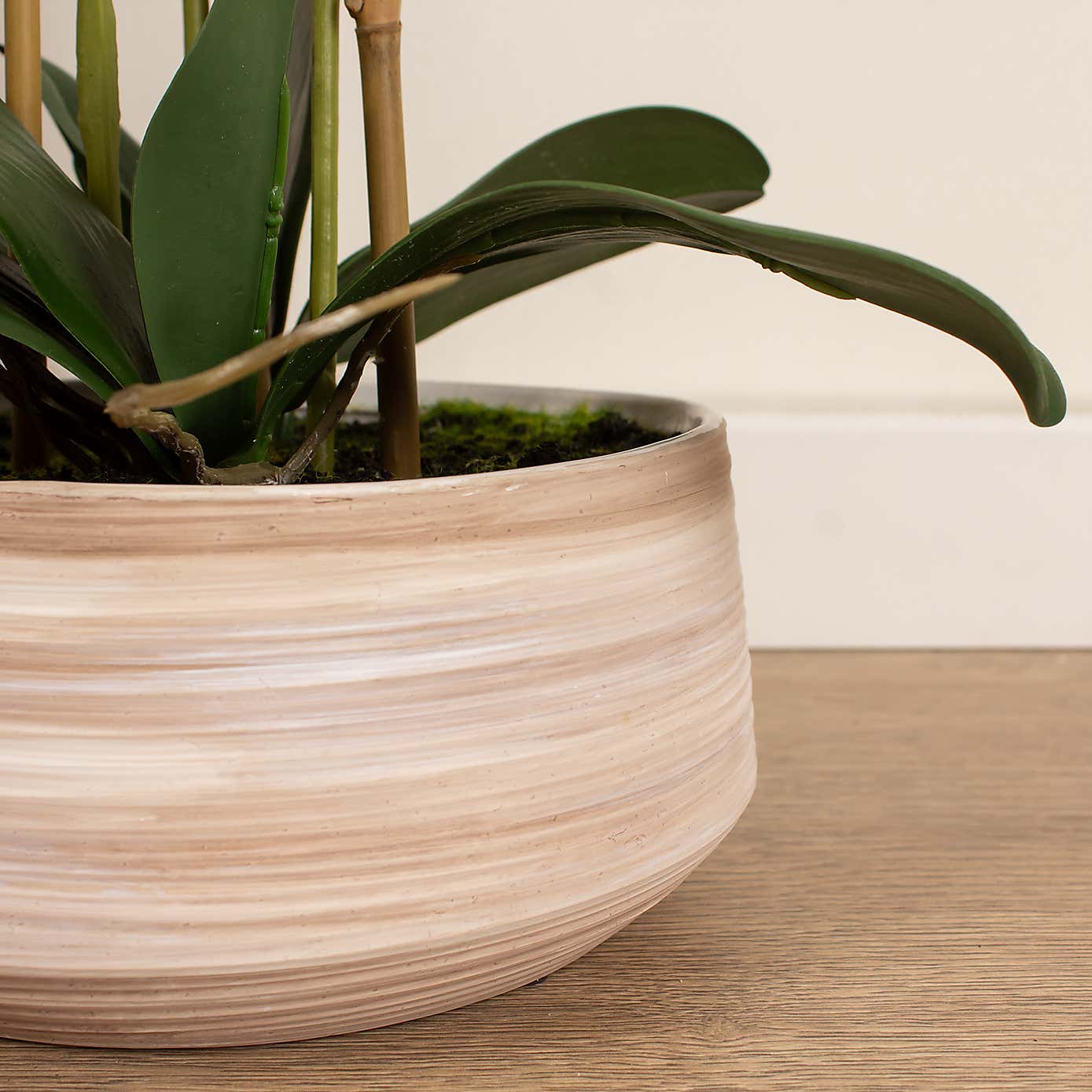 Artificial White Speckled Orchid in Beige Ceramic Plant Pot