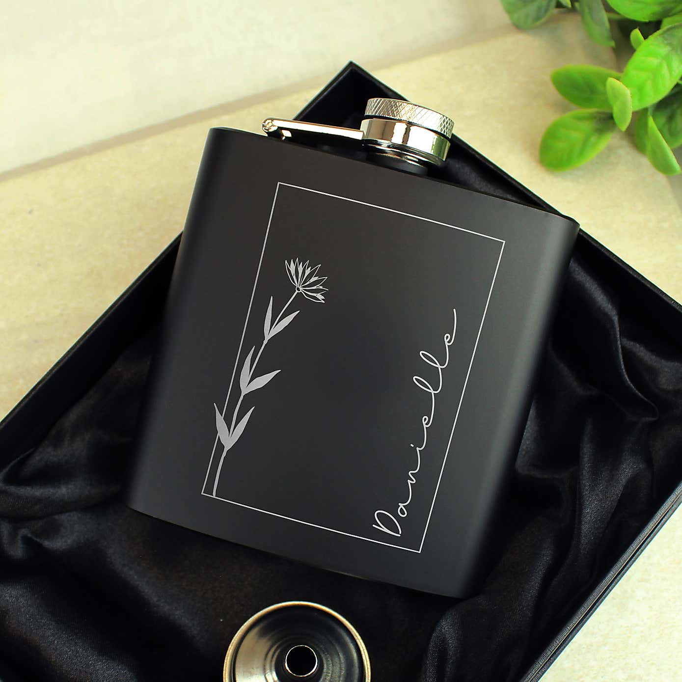 Personalised Floral Name Black Hip Flask