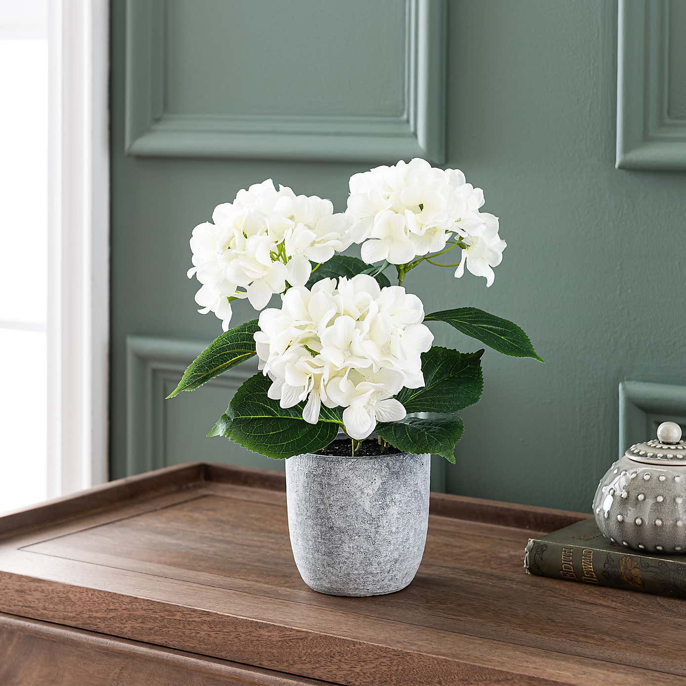 Artificial White Hydrangea in Grey Cement Pot