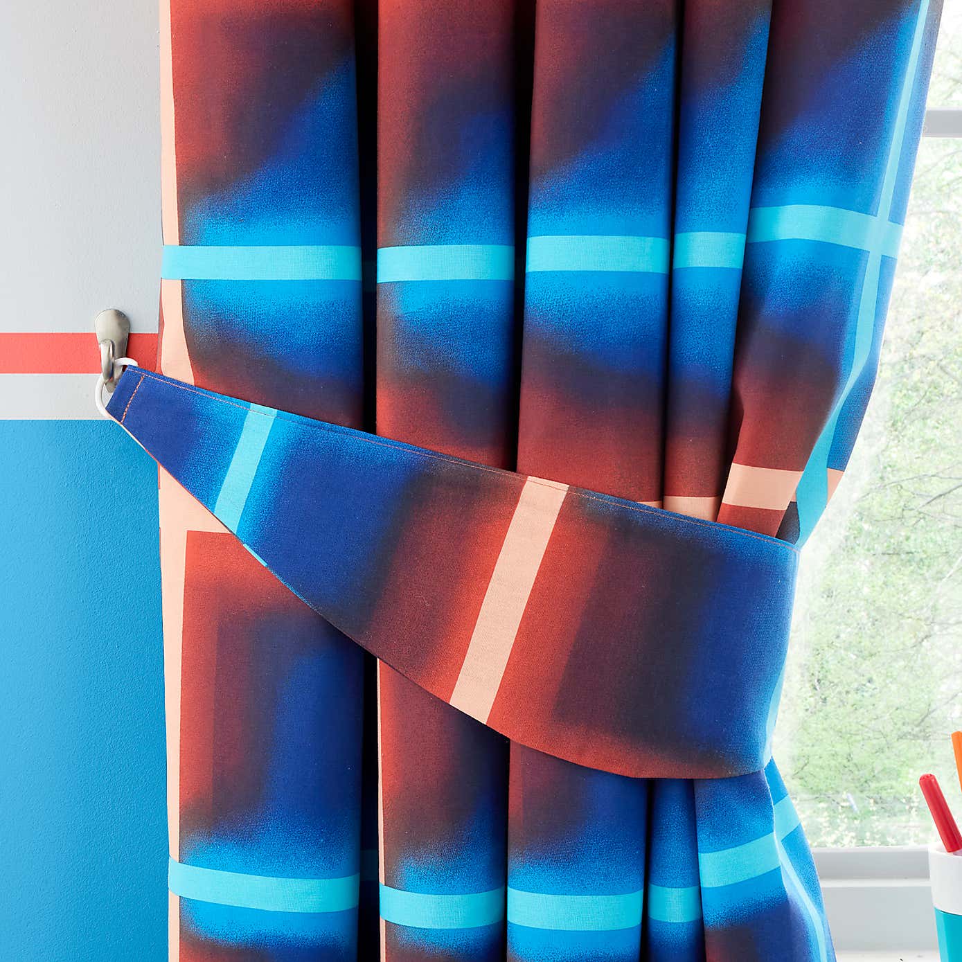 Red & Blue Neon Checks Blackout Eyelet Curtains