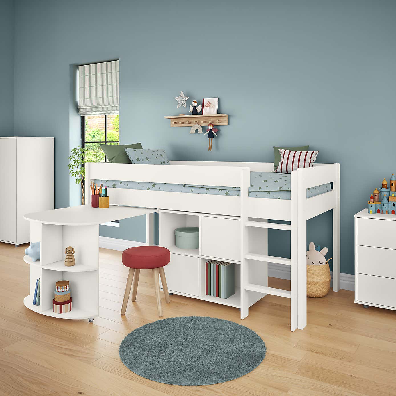 Stompa Uno Midsleeper With Pull Out Desk And Cube Unit, Pine