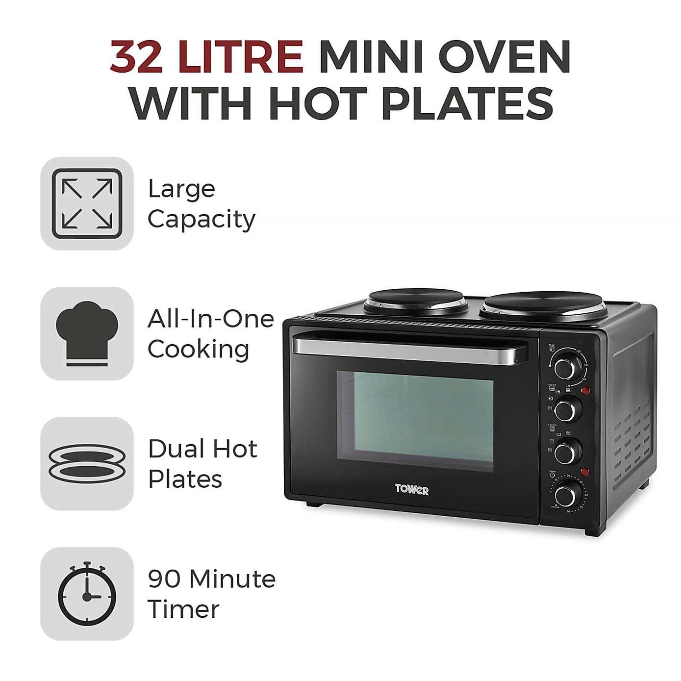Tower 32L Black Mini Oven with Hot Plates