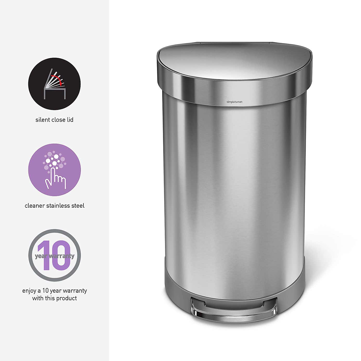 simplehuman Fingerprint Proof 45 Litre Semi Round Pedal Bin