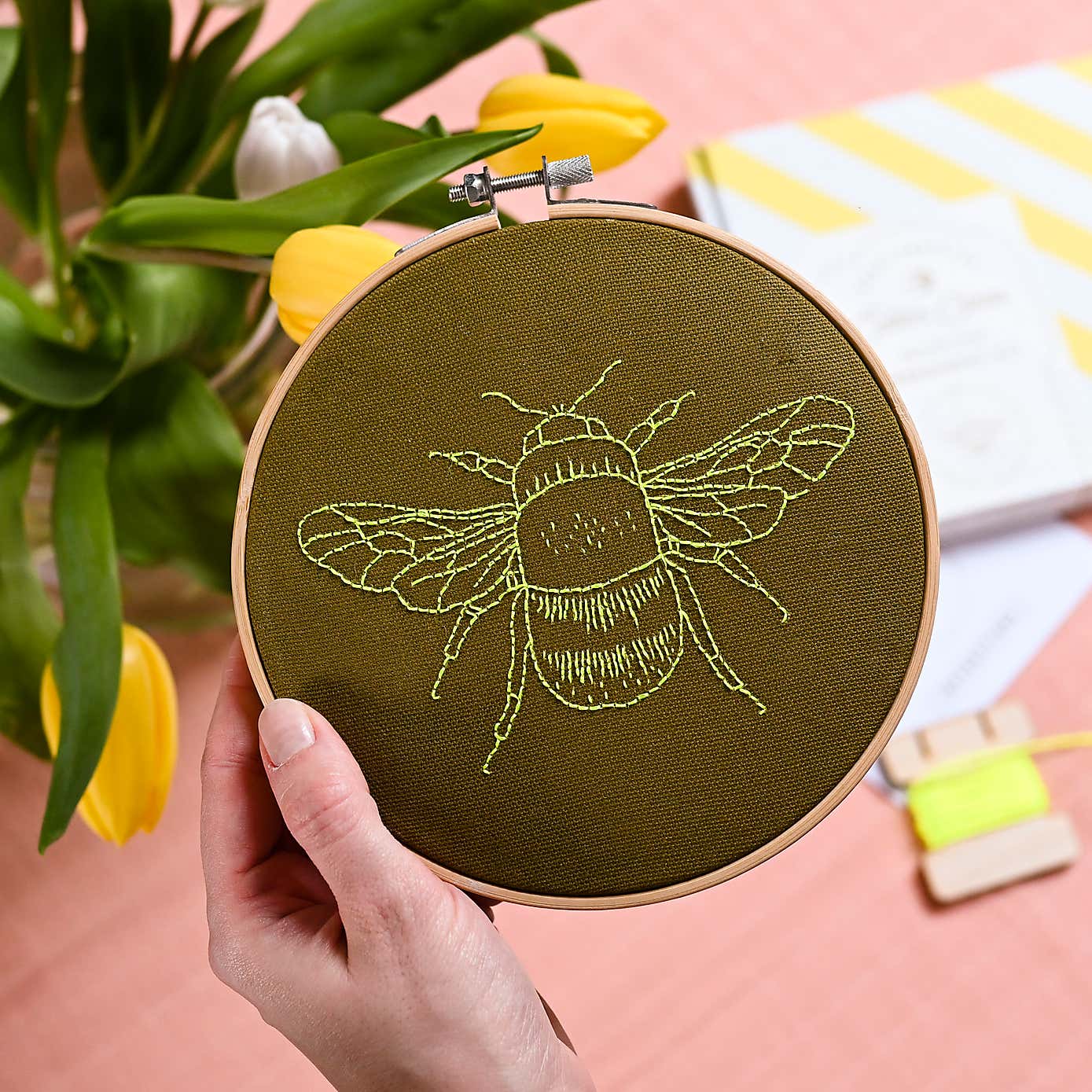 Cotton Clara Bee Khaki Embroidery Hoop Kit