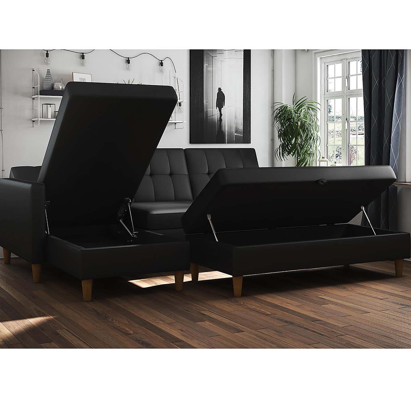 Hartford Faux Leather Black Corner Double Sofa Bed