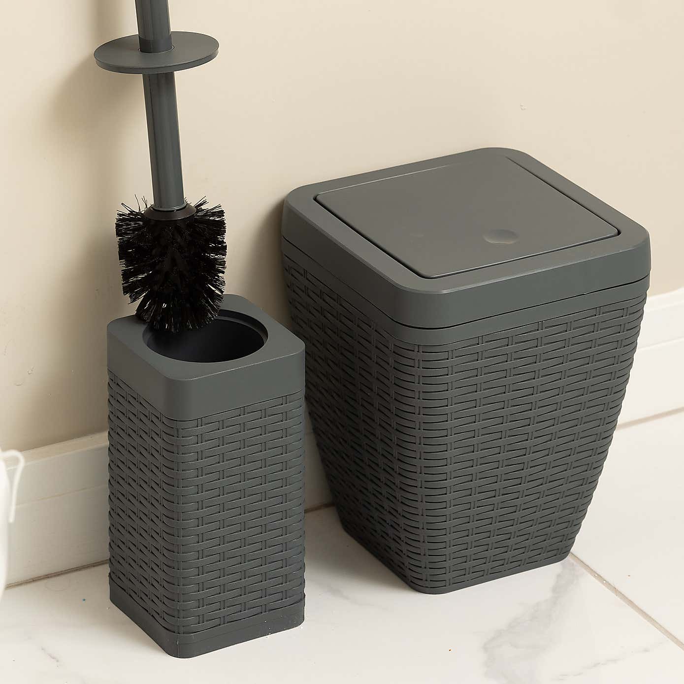 Addis Rattan Charcoal Toilet Brush & Bin Set