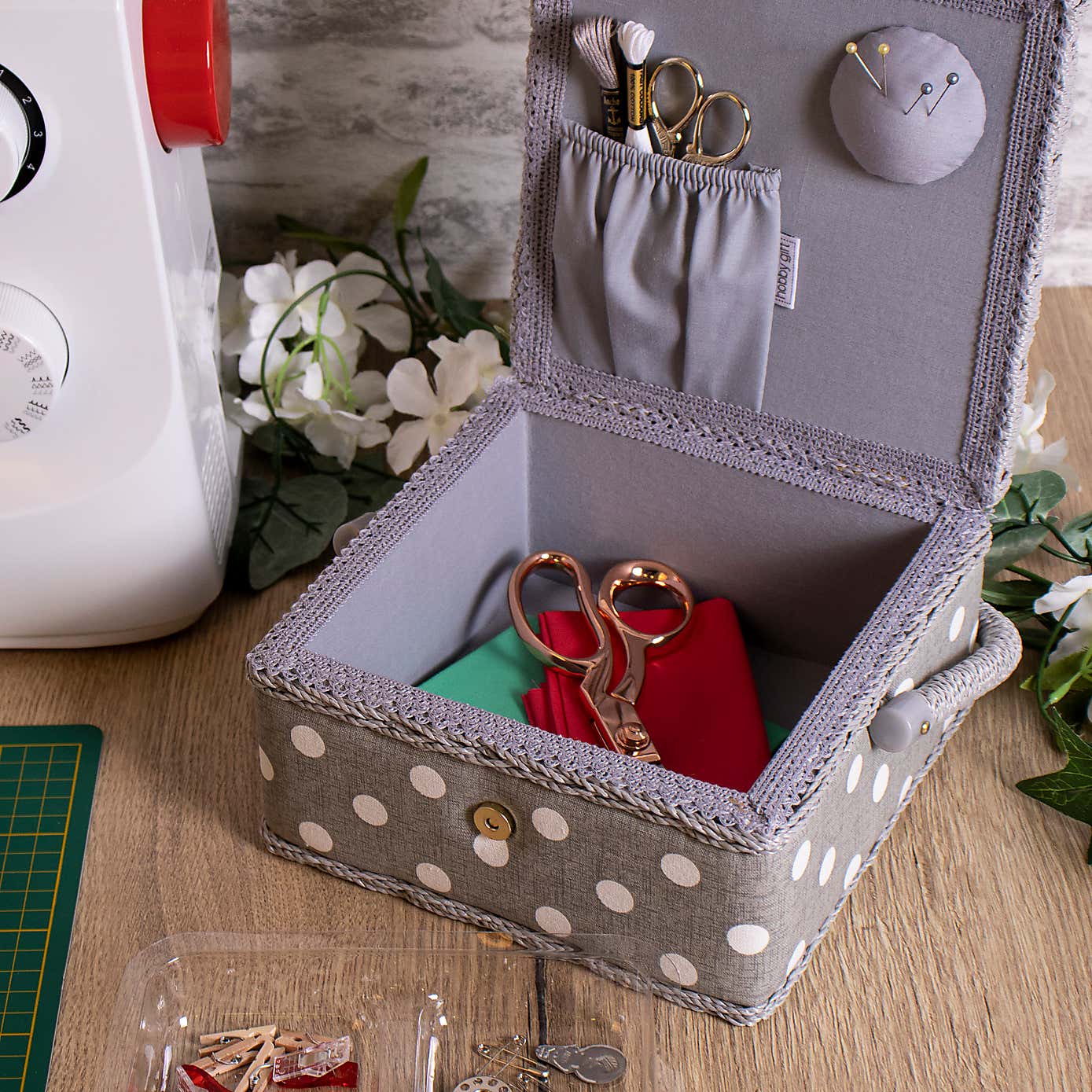 Grey Polka Dot Small Sewing Box