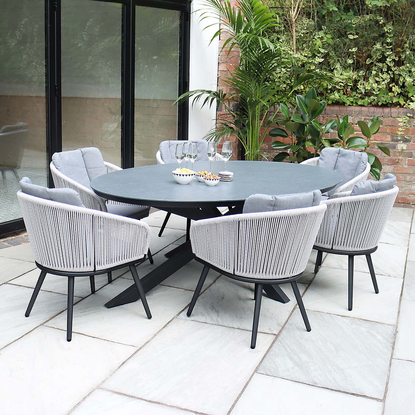 A.Mir Aspen Ceramic Top Outdoor Dining Table with 6 Rope Chairs