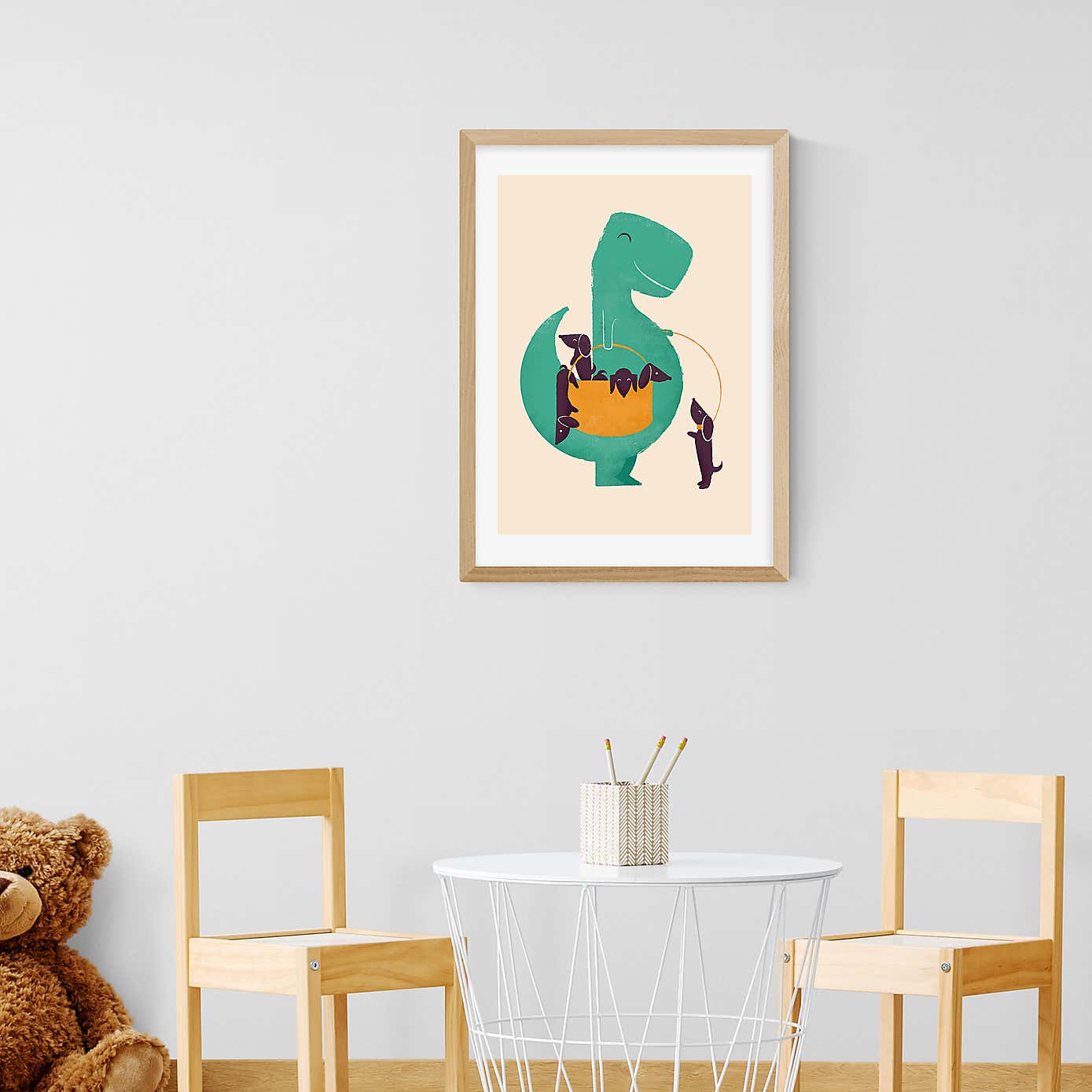 East End Prints T-Rex & his Basketful of Wiener Dogs Print