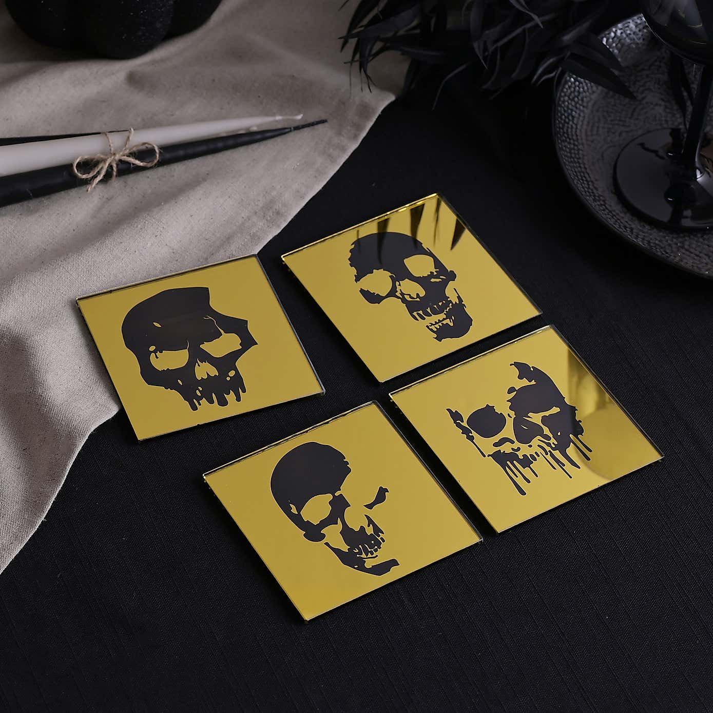 Gold and Black Set of 4 Mirrored Skull Silhouette Coasters