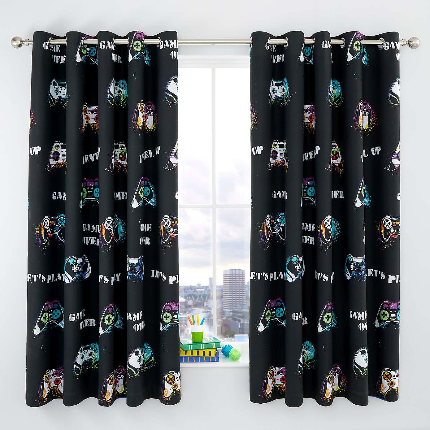 Catherine Lansfield Game Over Black Eyelet Curtains