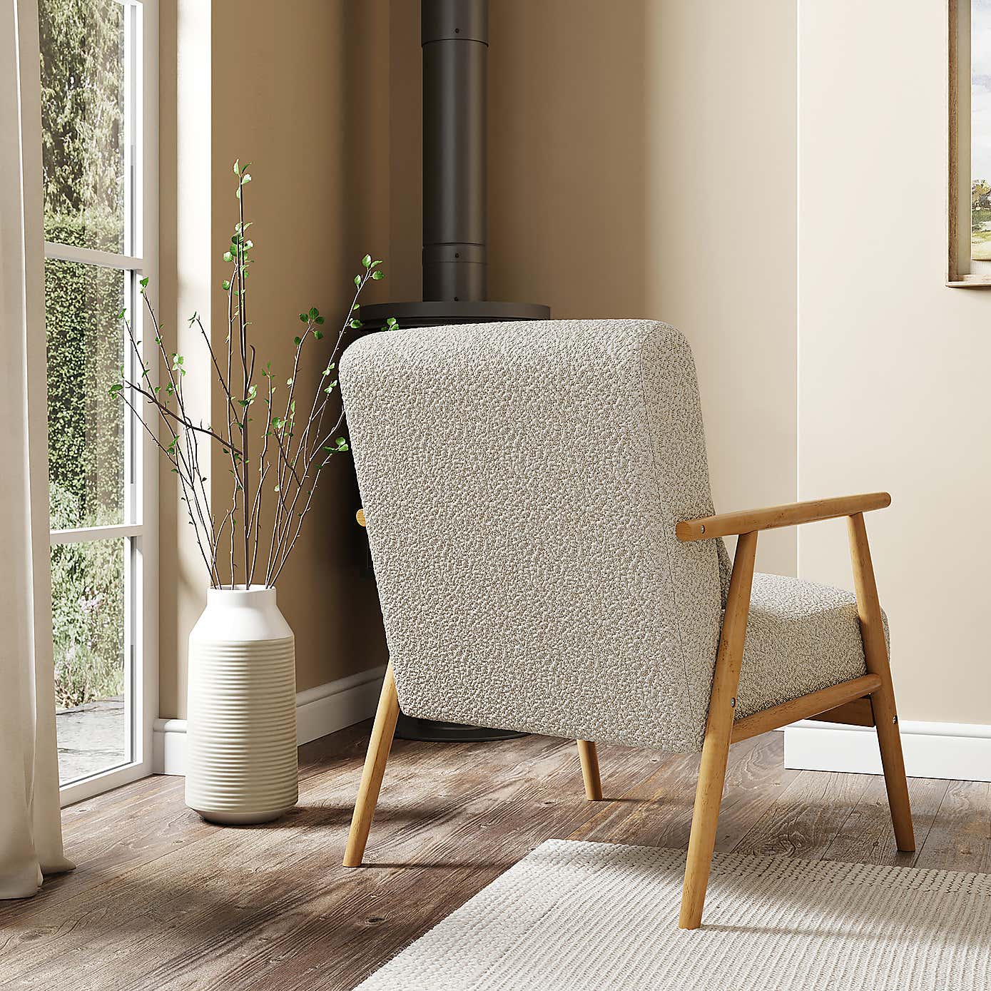 Alpine Spindle Boucle Wooden Arm Accent Chair