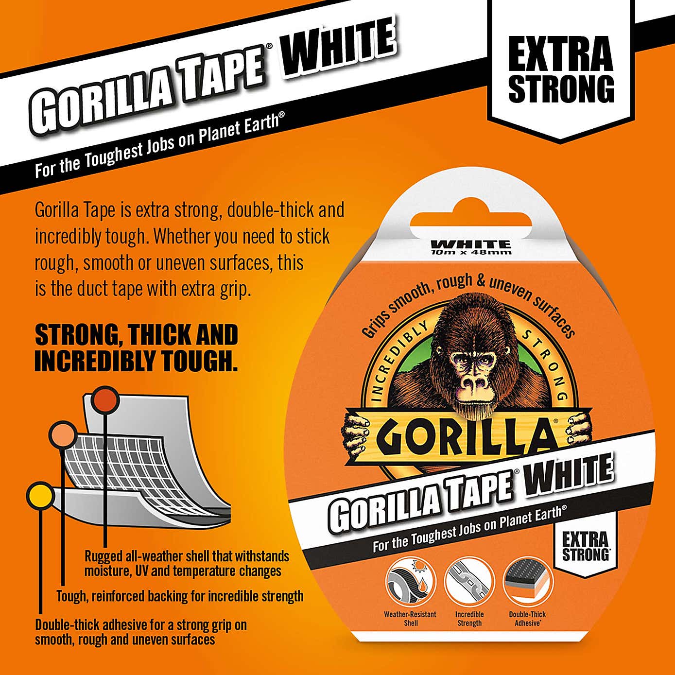 Gorilla 10m White Tape