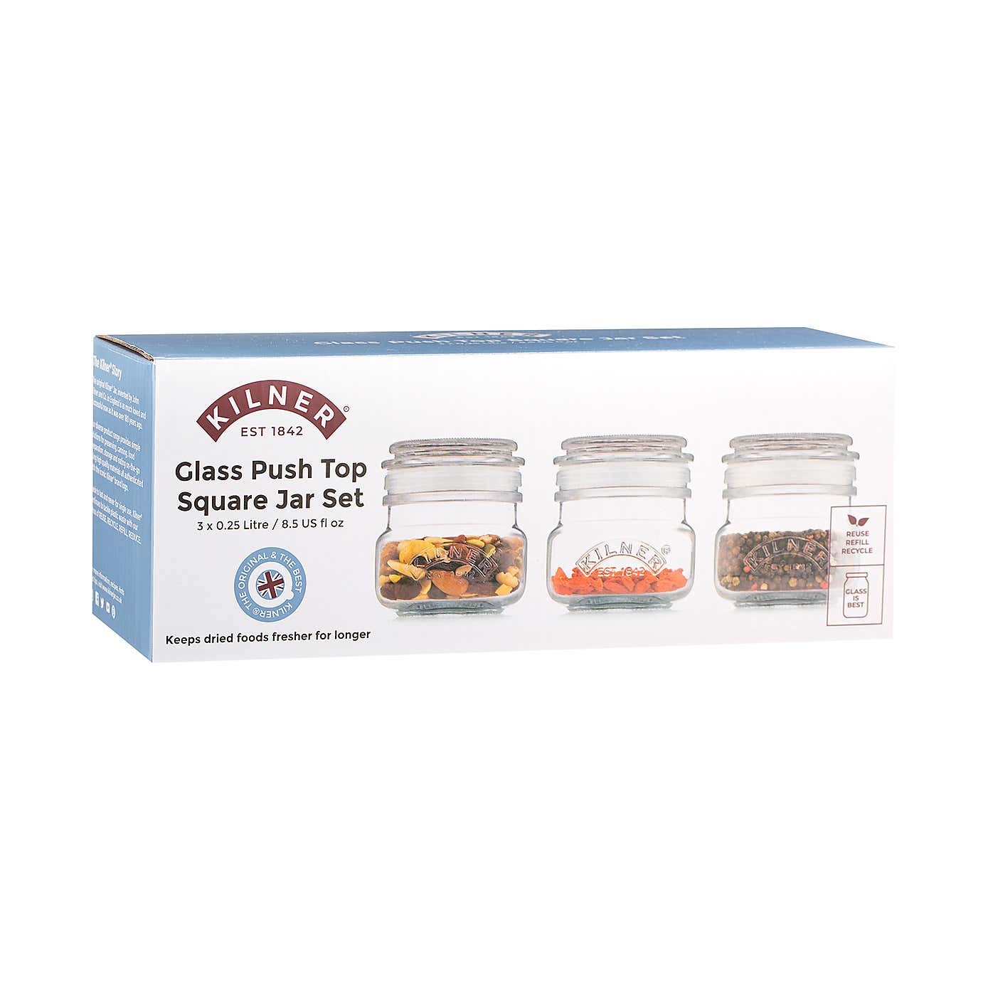 Kilner Set of 3 Universal Square Push Top Jars, 250ml