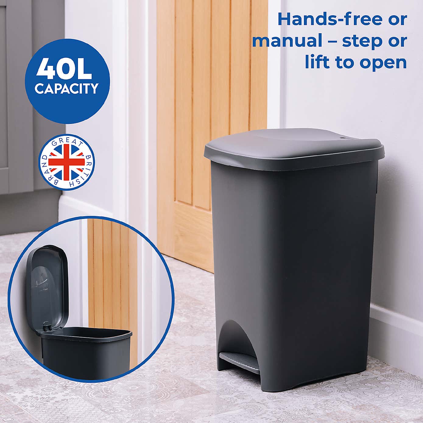 Addis Plastic 40L Pedal Bin Grey