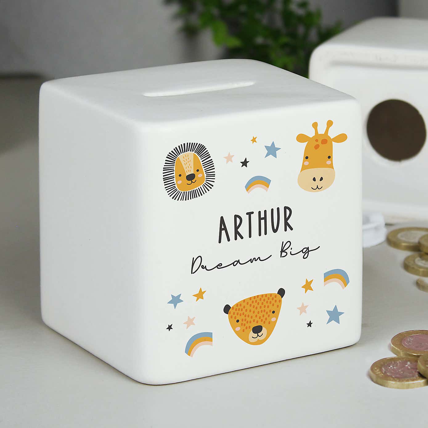 Personalised Safari Animals Ceramic Square Moneybox