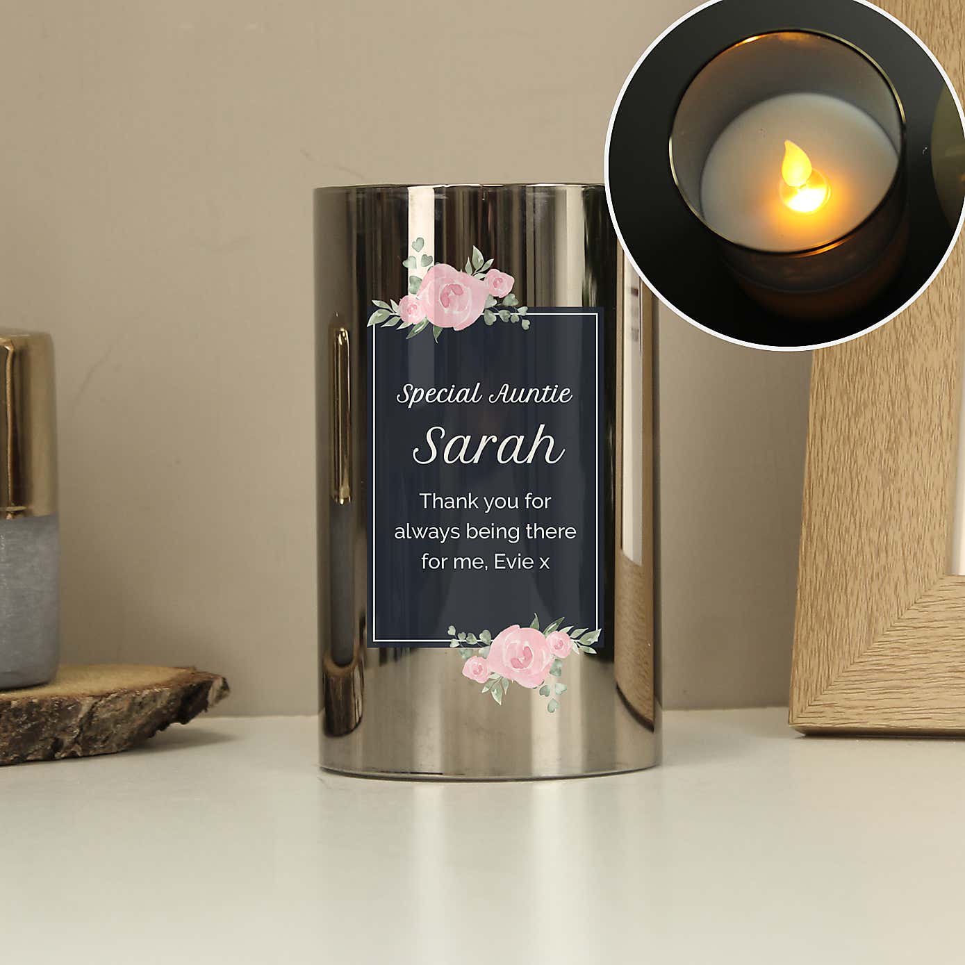 Personalised Floral Smoked Glass LED Candle