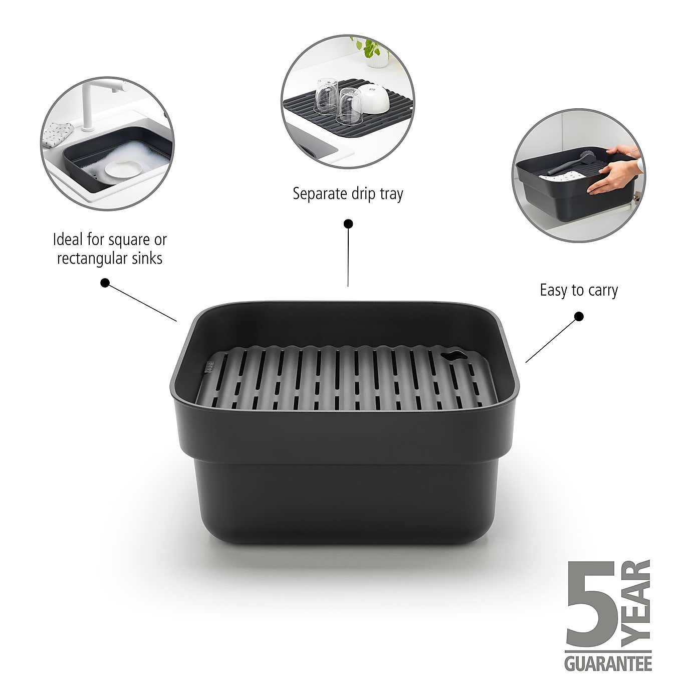 Brabantia Washing Up Bowl with Drying Tray Dark Grey