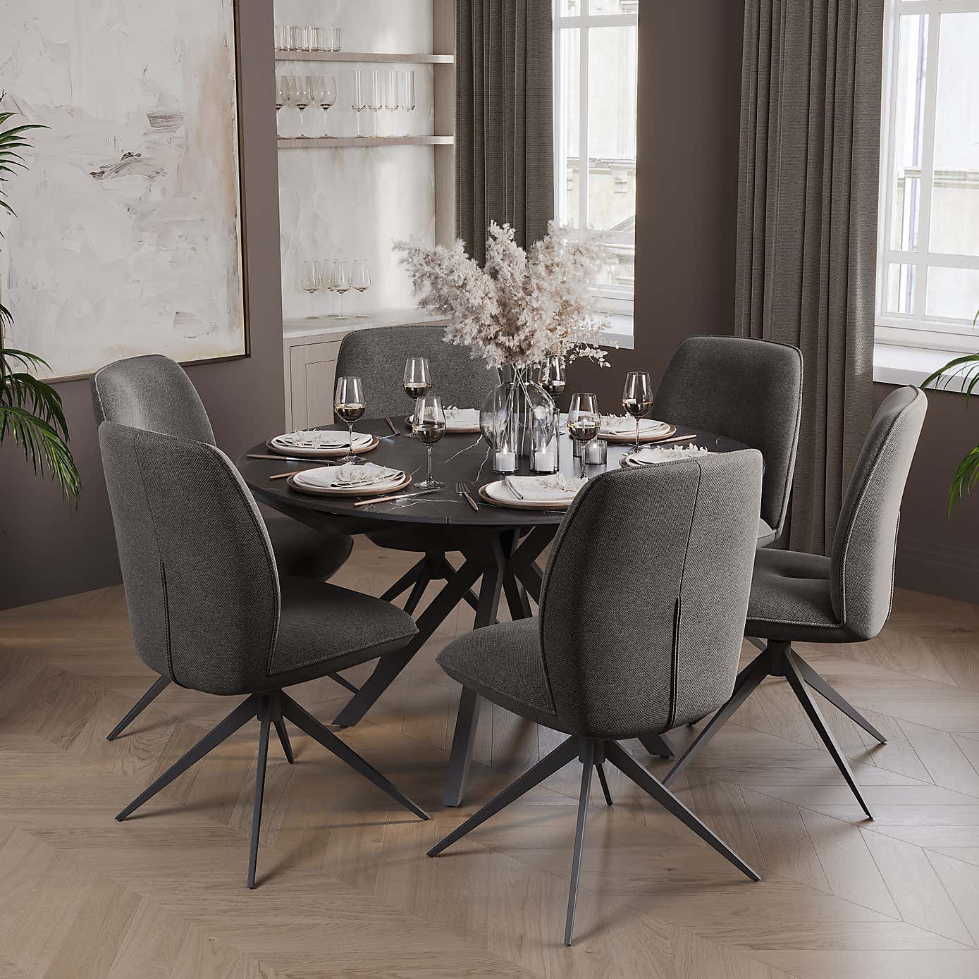 Indus Valley Camden 4-6 Seater Black Round Extendable Dining Table With 6 Pebble Dining Chairs