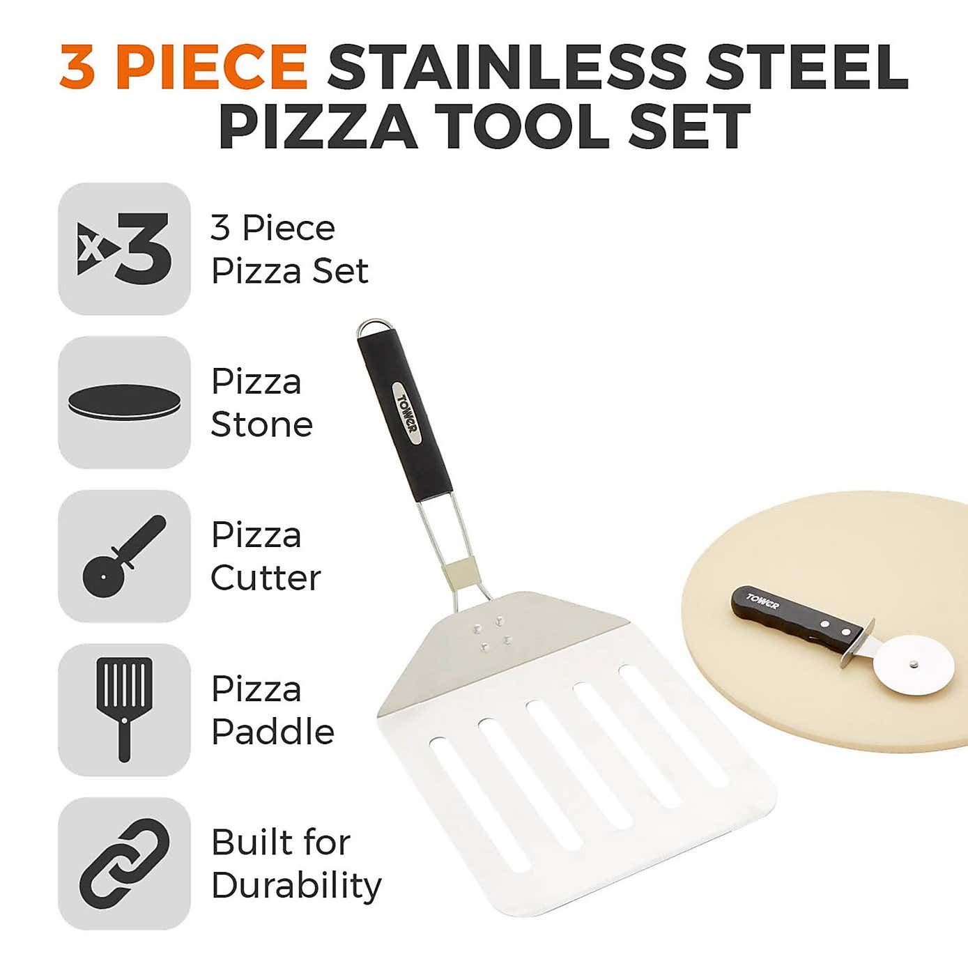 Tower Set of 3 Pizza Tools, Stainless Steel