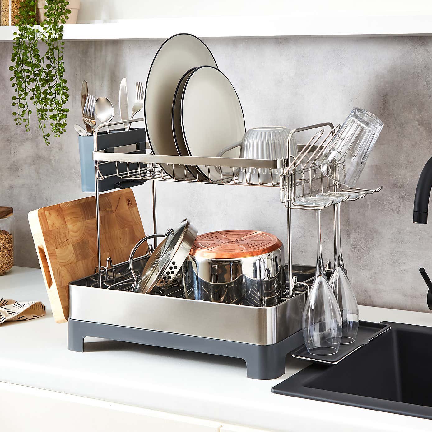 2 Tier Multi-Functional Dish Drainer Grey