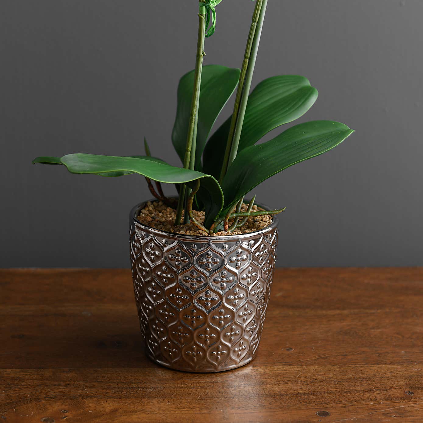 Artificial Orchid White In Silver Pot
