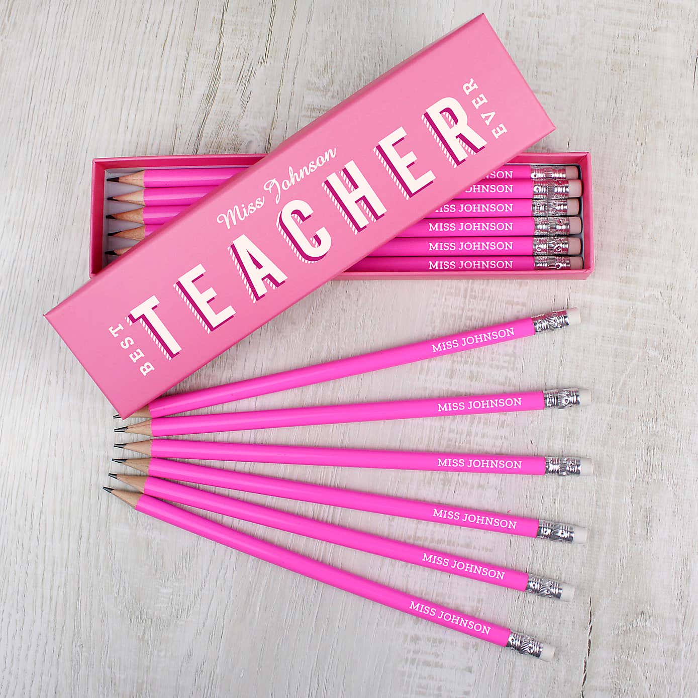 Personalised Best Teacher Ever Box and 12 HB Pencils