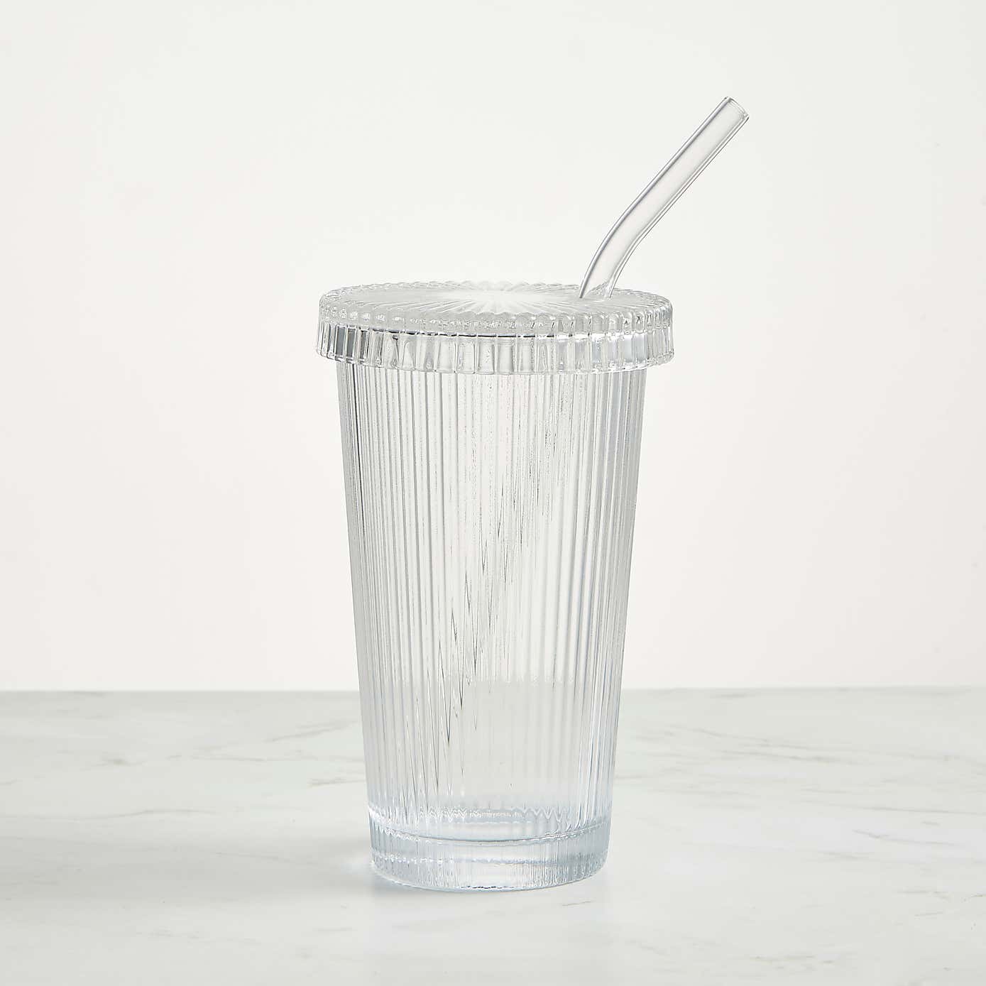 Ribbed Clear Glass Tumbler with Straw
