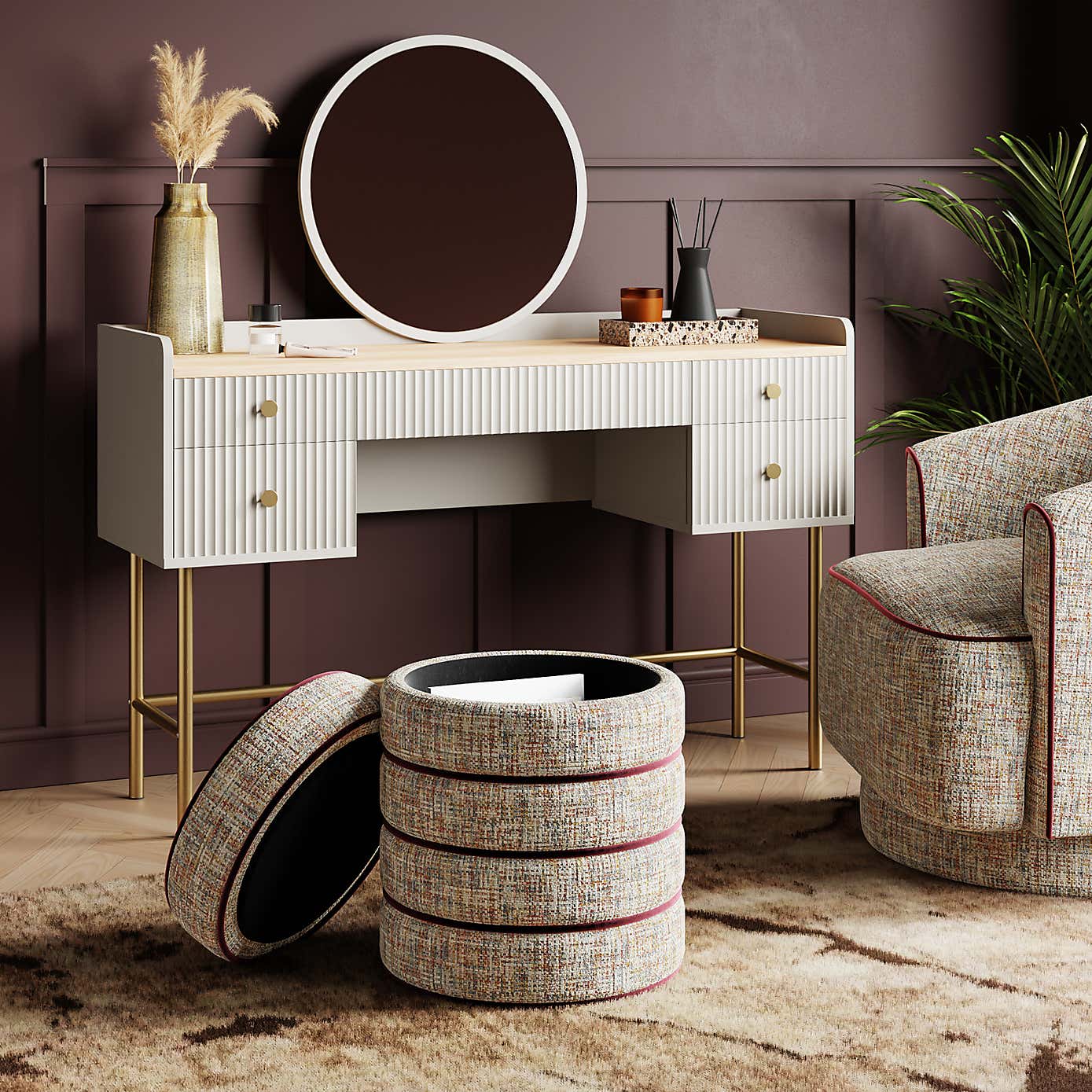 Contrast Piping Storage Footstool, Multicoloured Chenille