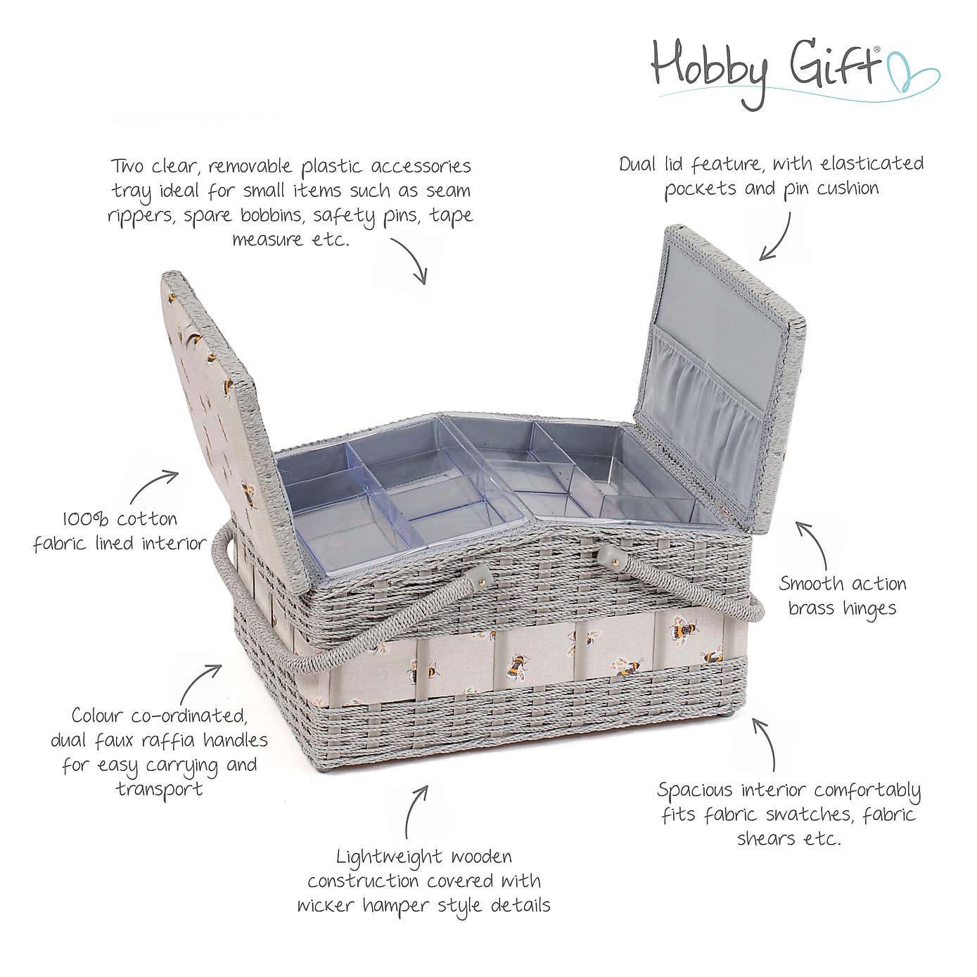 Hobby Gift Bee Wicker TwinLid Sewing Basket