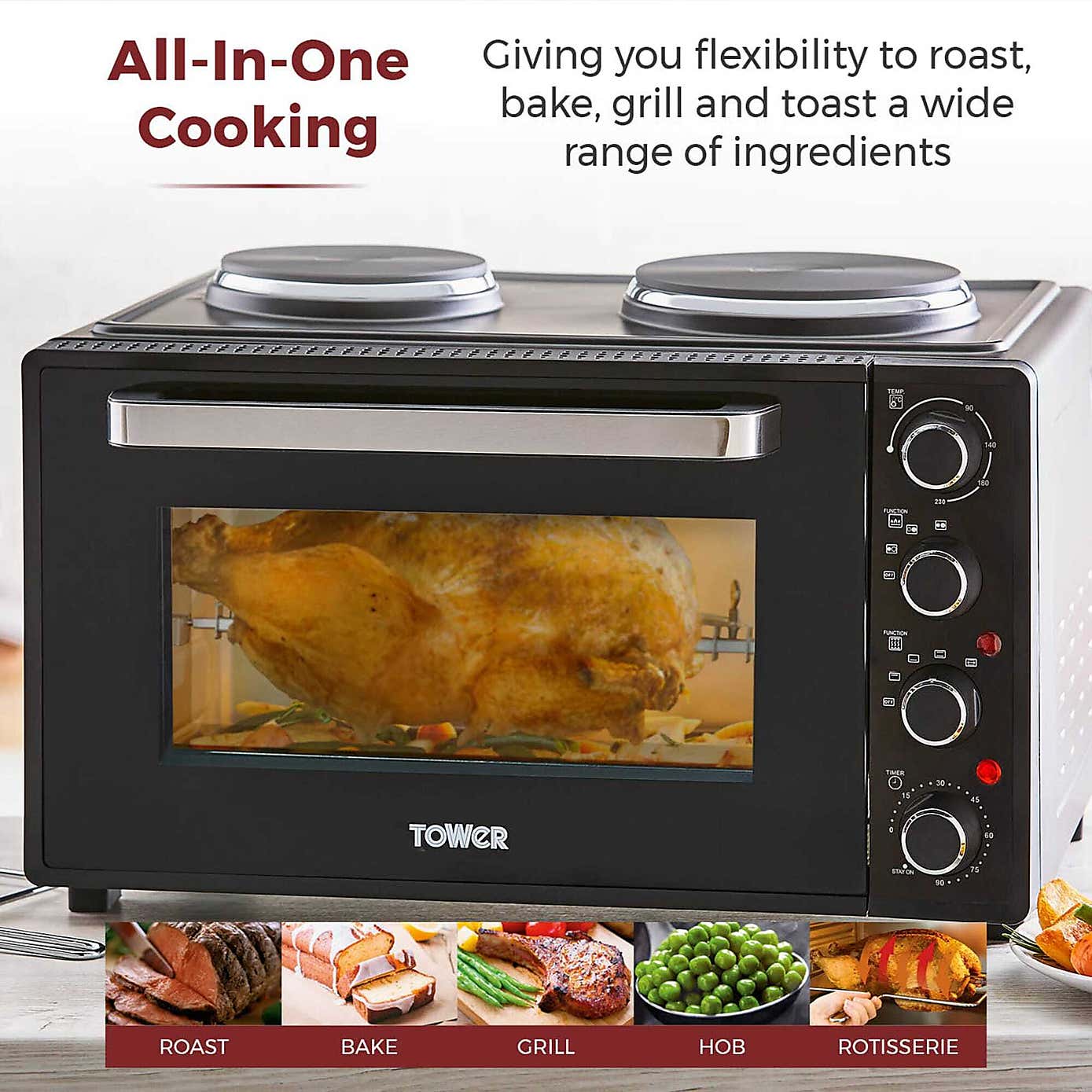 Tower 42L Black Mini Oven with Hot Plates