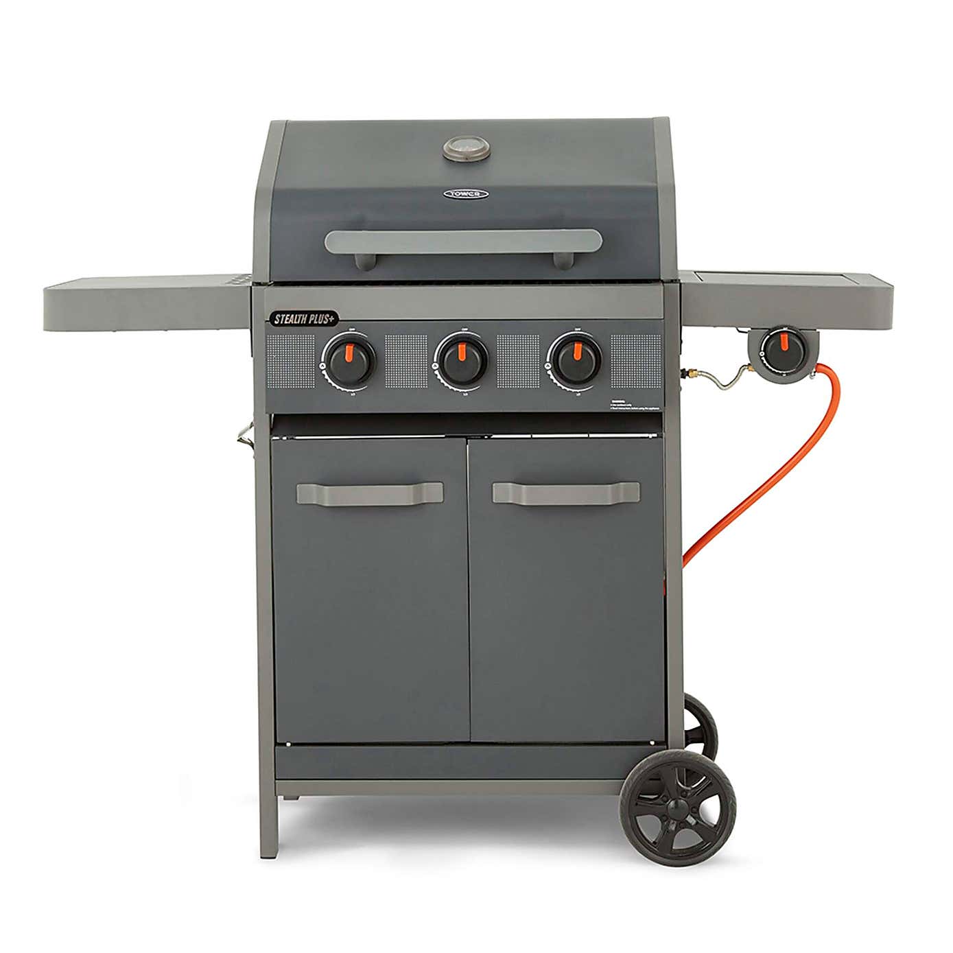 Tower Stealth Plus Three Burner Gas BBQ with Side Burner, Black Steel