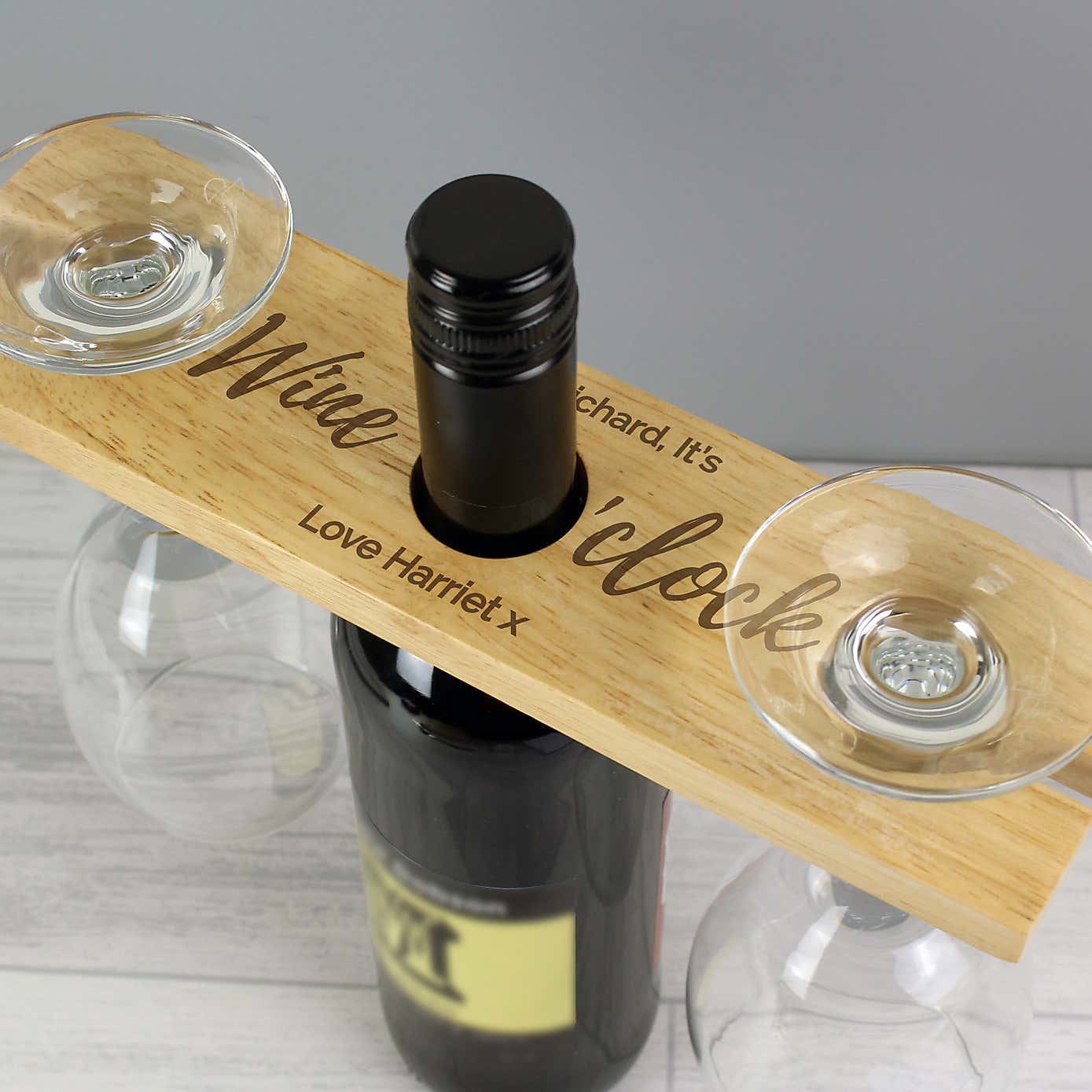 Personalised Wine Oclock Wooden Wine Glass and Bottle Holder