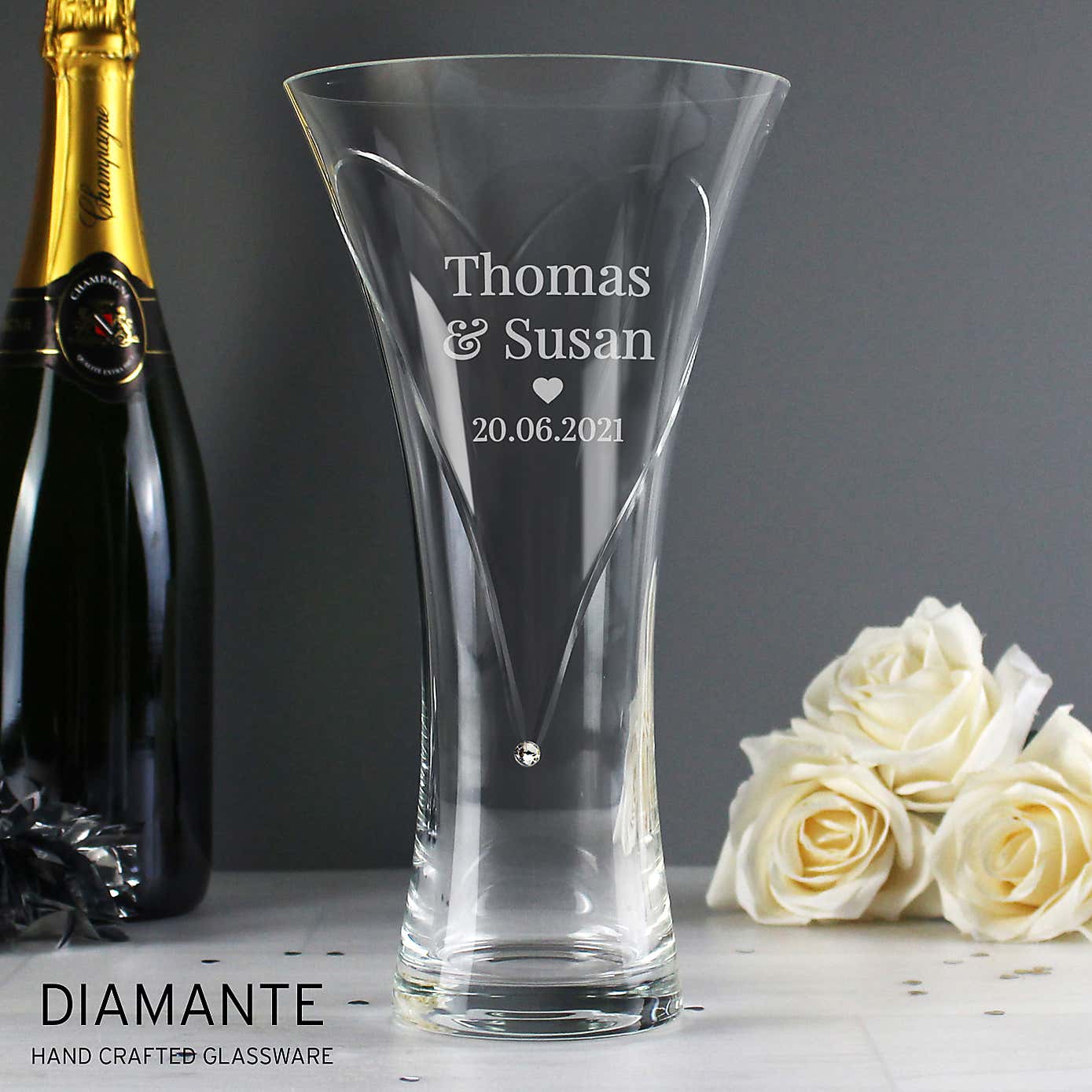 Personalised Mr and Mrs Large Hand Cut Diamante Heart Vase