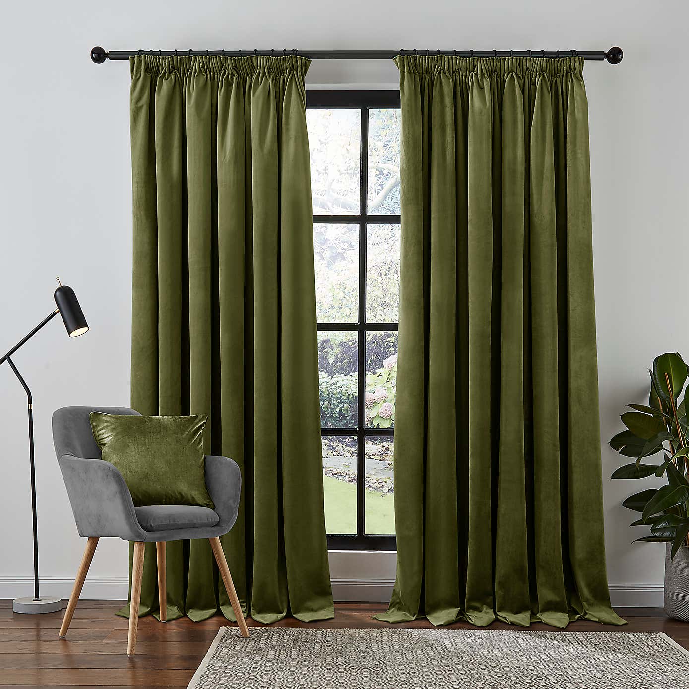 Recycled Velour Olive Pencil Pleat Curtains