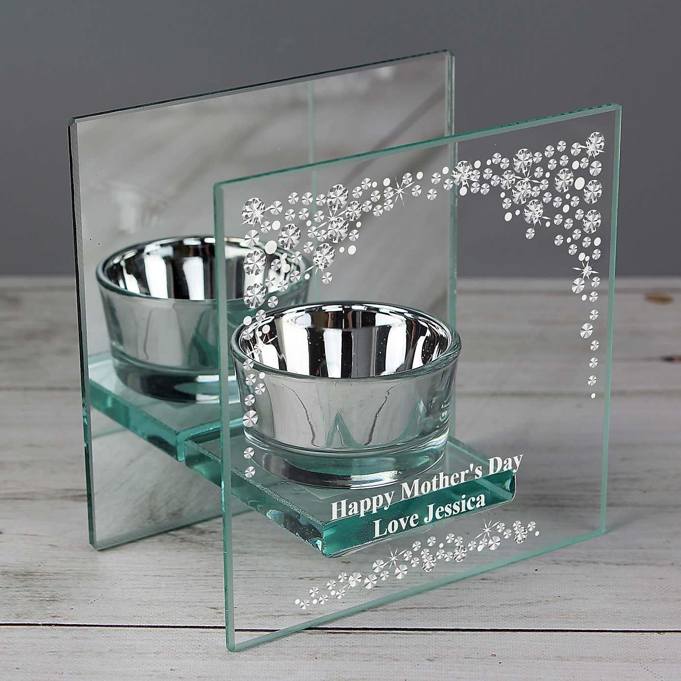 Personalised Diamante Mirrored Glass Tea Light Holder