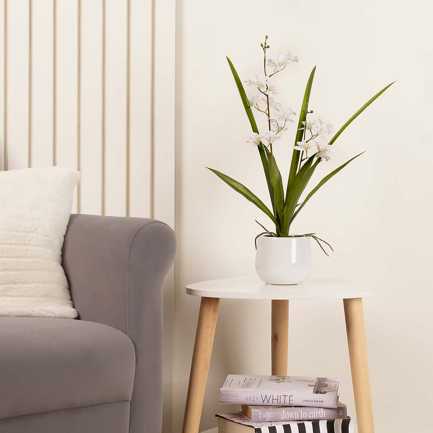 Artificial White Mini Cymbidium Orchid in White Ceramic Plant Pot