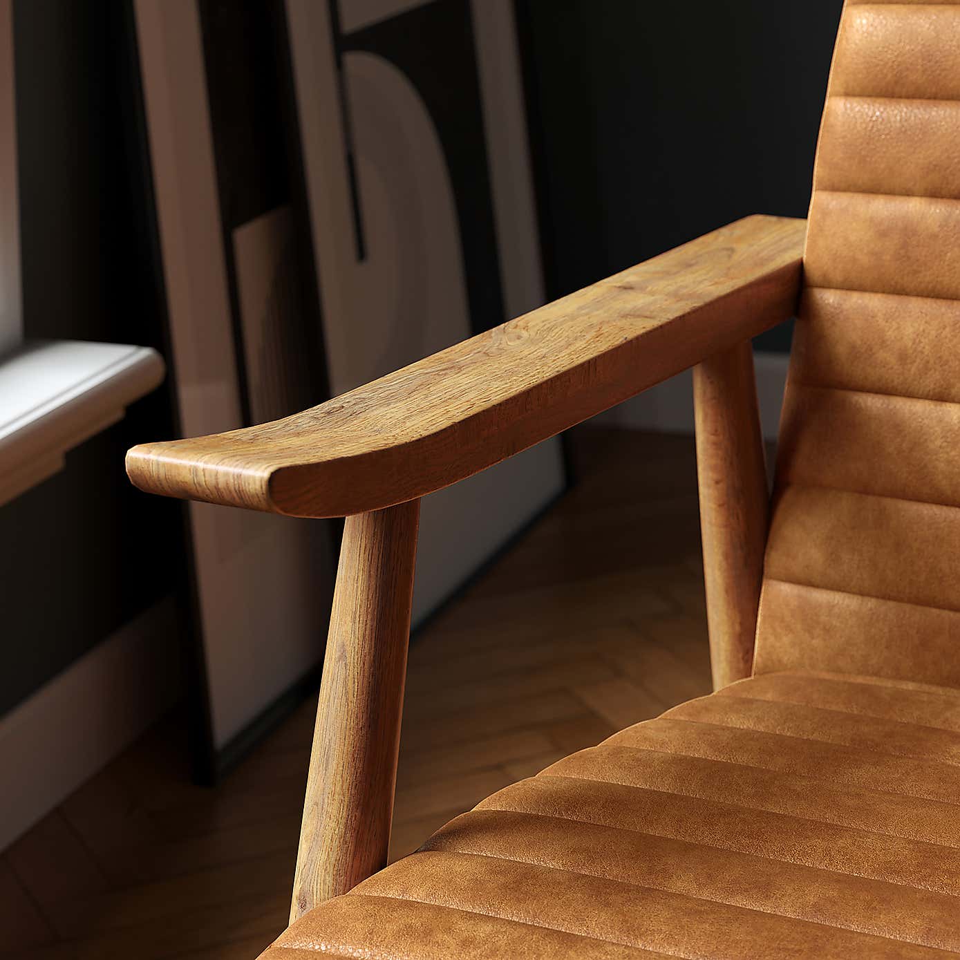 Quinn Tan Faux Leather Wooden Arm Accent Chair