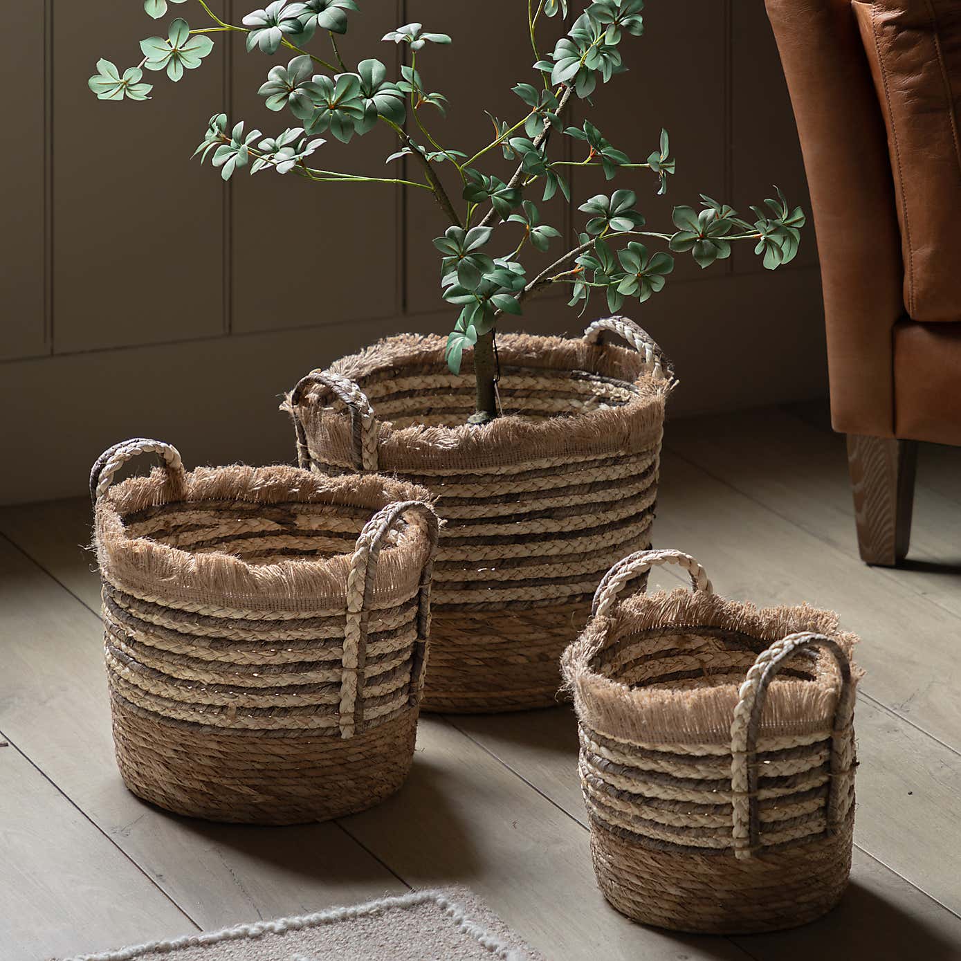 Set of 3 Fringed Woven Stripe Storage Baskets