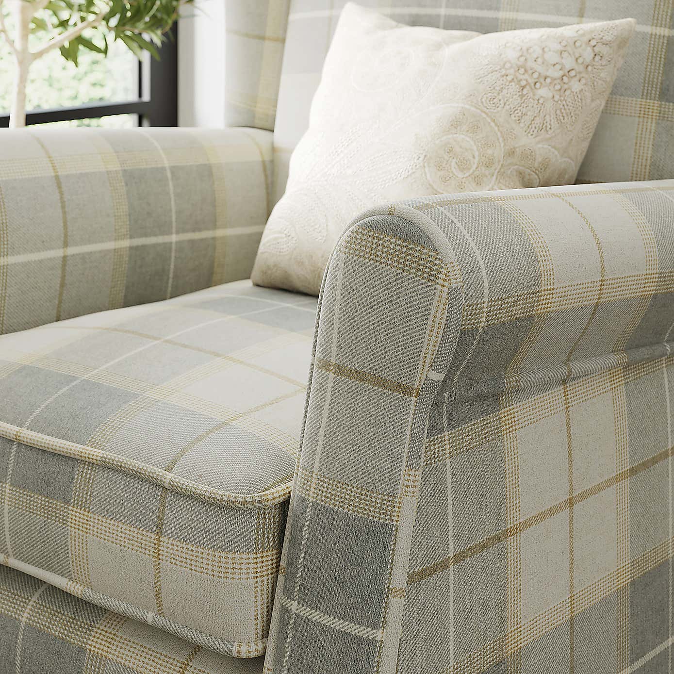 Oswald Check Armchair, Natural Grey