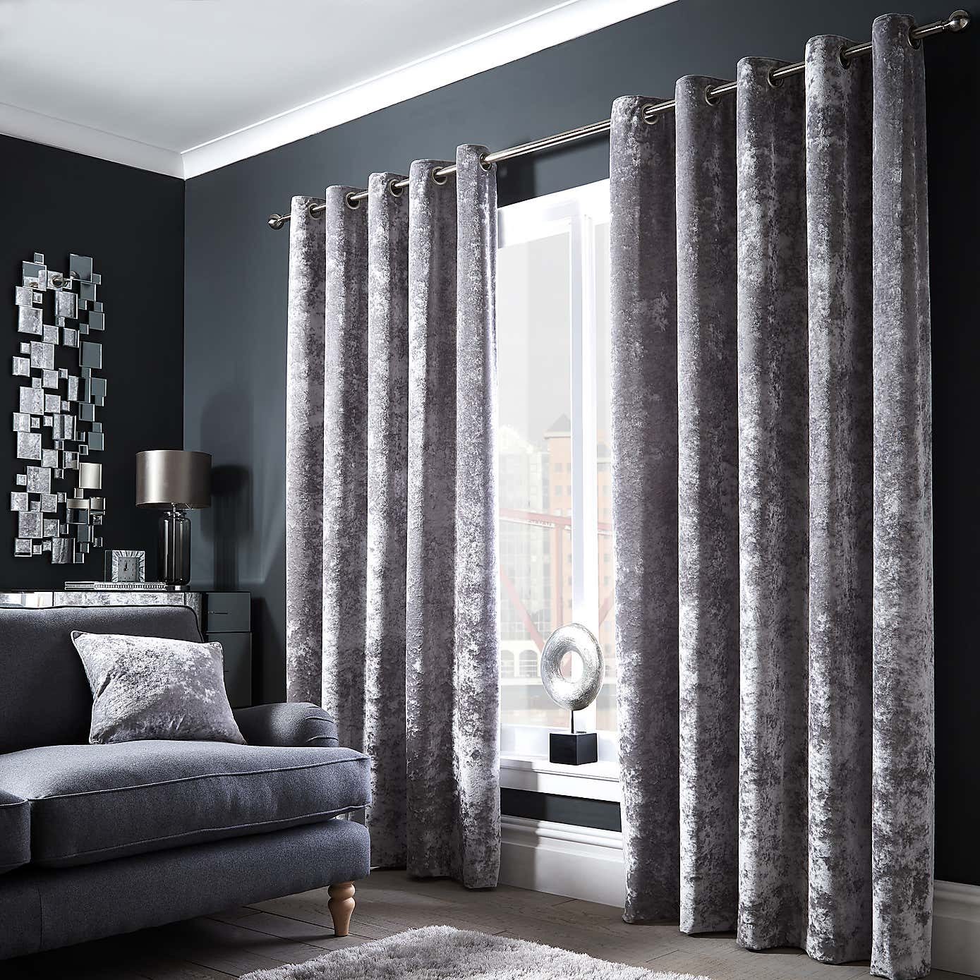 Crushed Velour Silver Eyelet Curtains