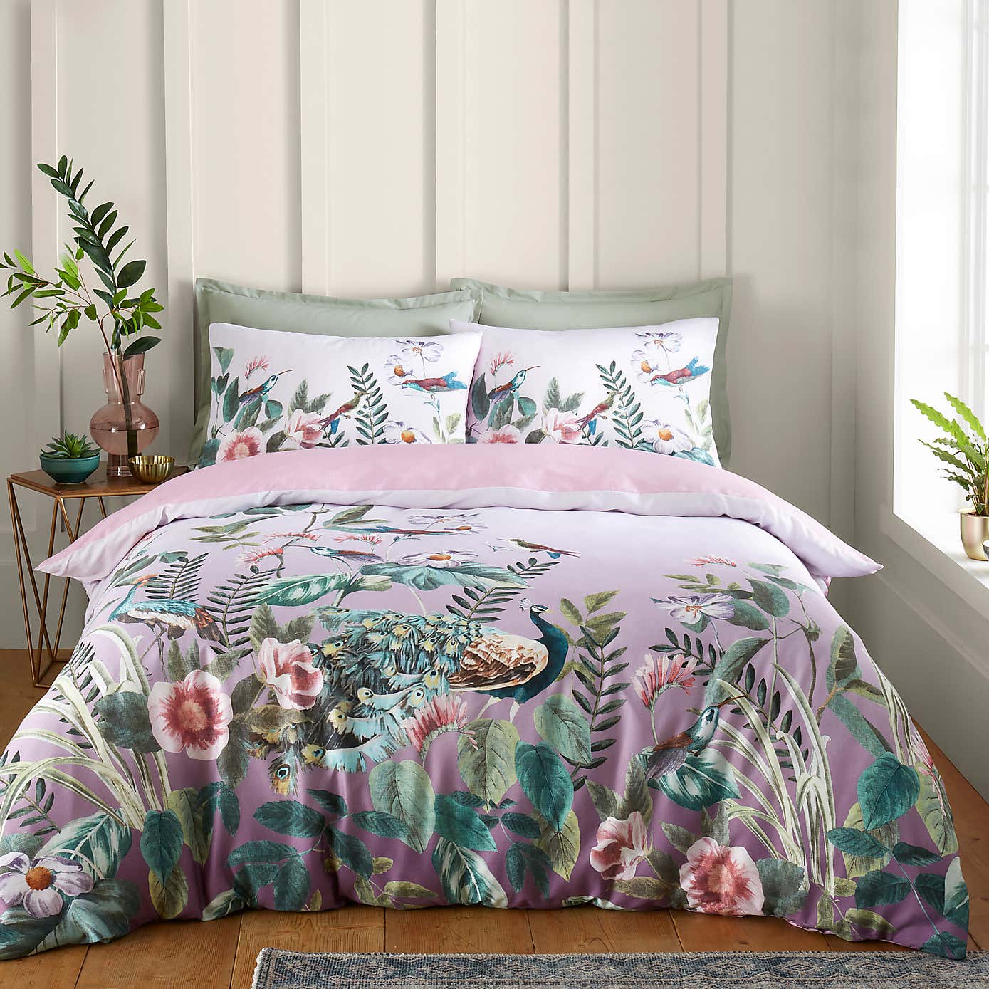 Peacock Gardenia Grey 100% Cotton Duvet Cover and Pillowcase Set