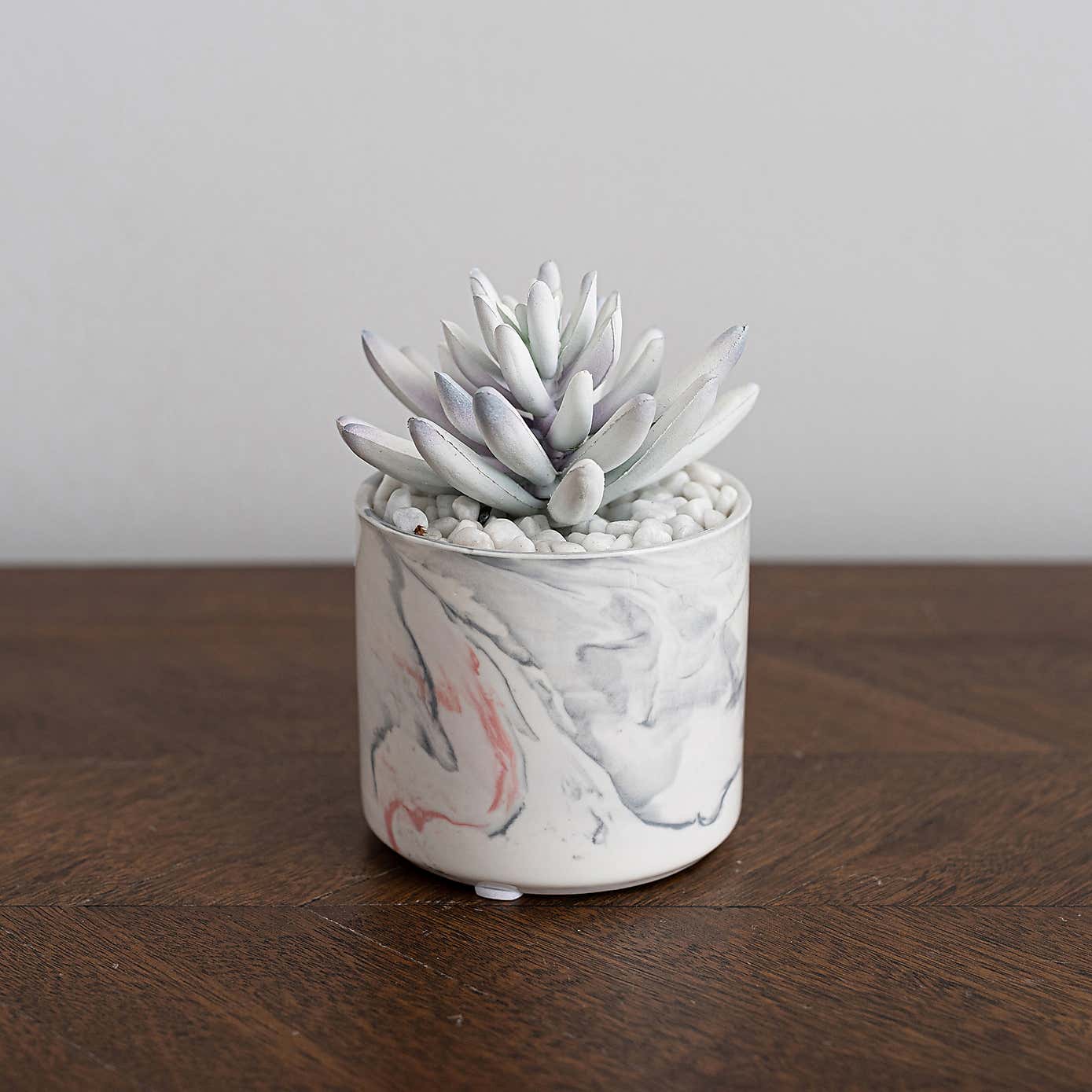 Artificial Grey Succulent in Pink and Grey Marble Plant Pot