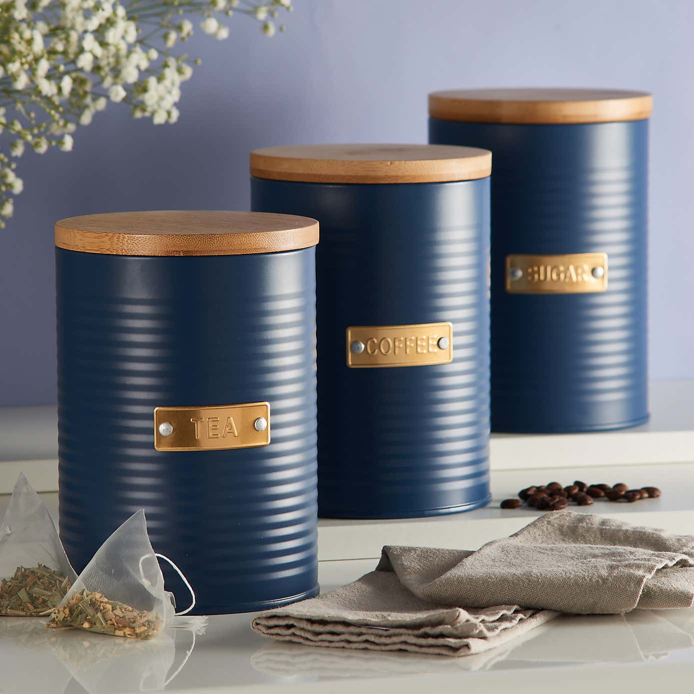 Typhoon Otto Set of 3 Navy Round Tea, Coffee & Sugar Canisters