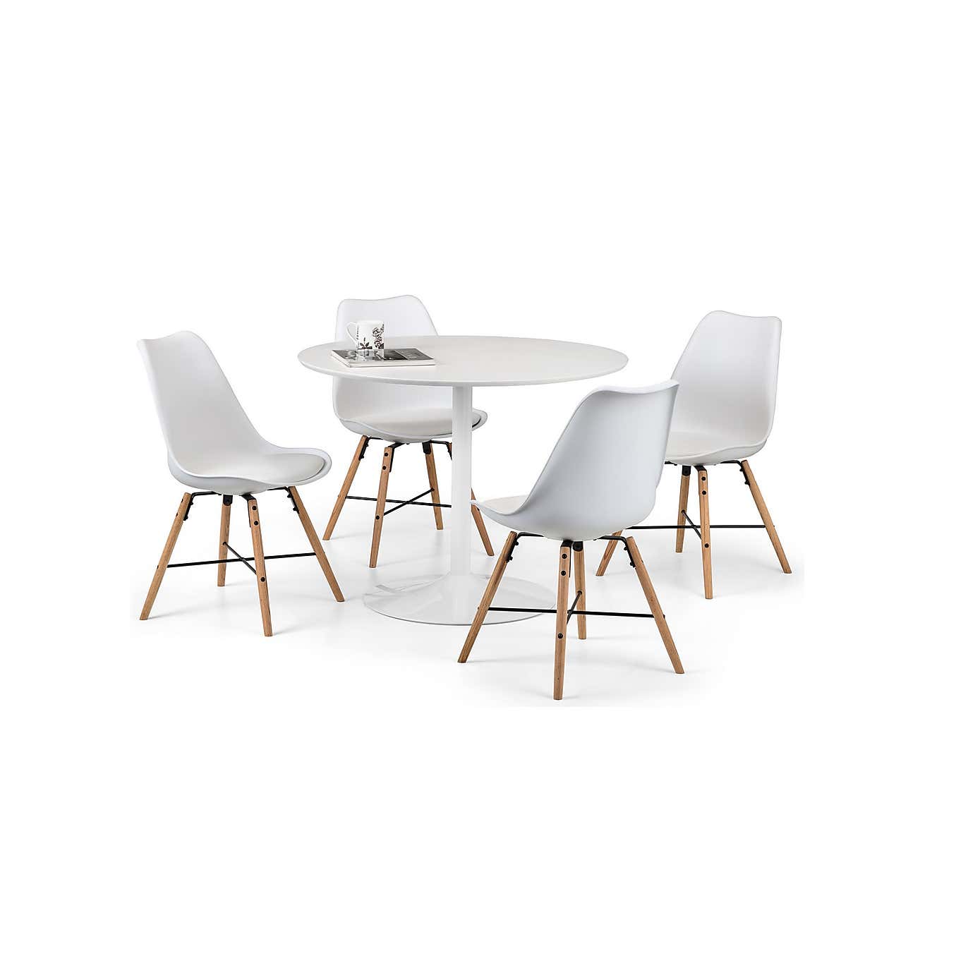 Blanco Round White Pedestal Dining Table with 4 Kari Dining Chairs