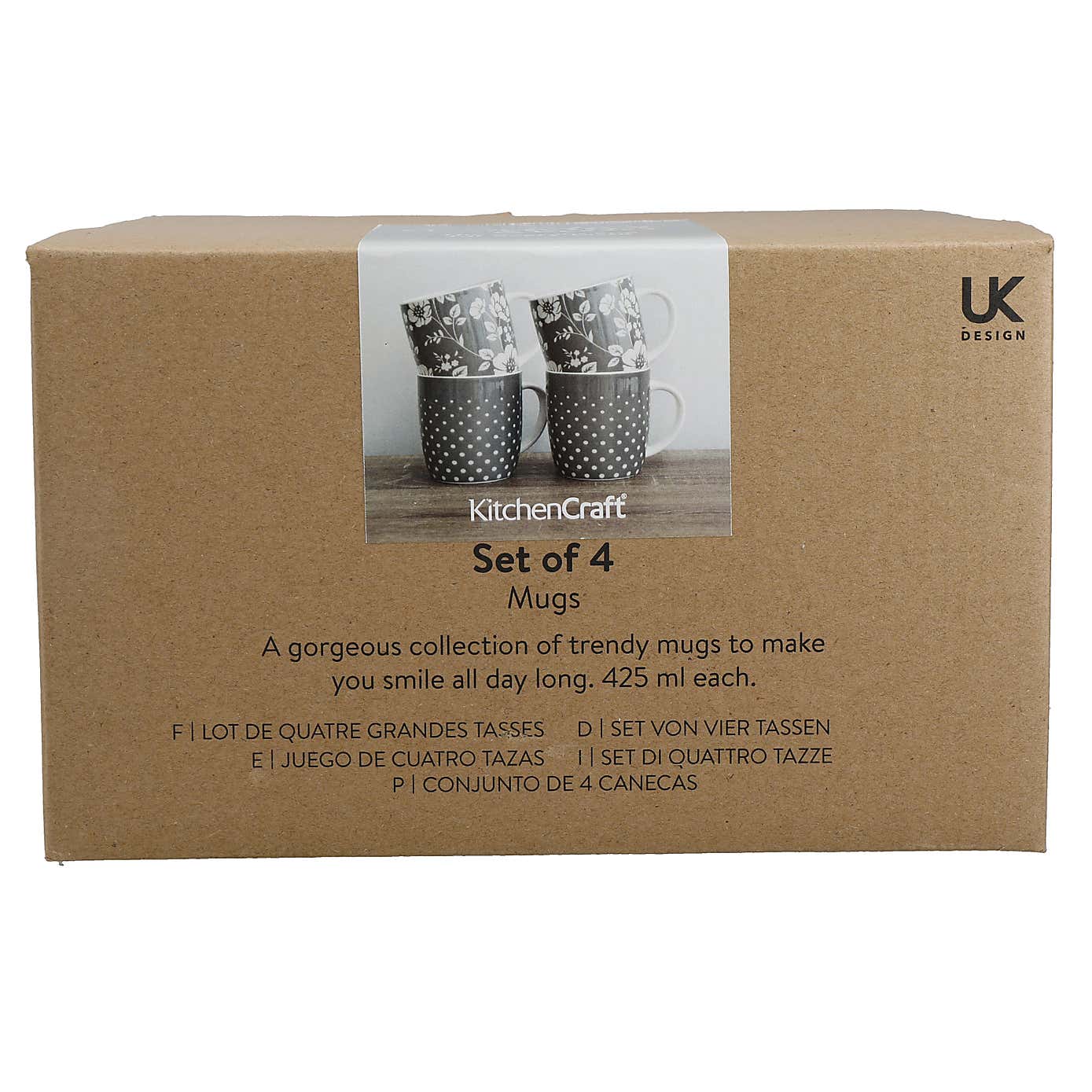 Kitchencraft Set of 4 Floral Polka Dot Grey Stoneware Mugs