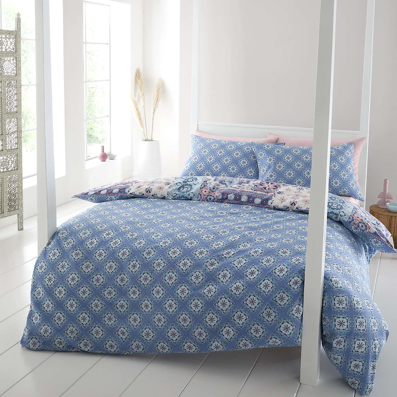 Catherine Lansfield Boho Patchwork Reversible Blue Duvet Cover & Pillowcase Set