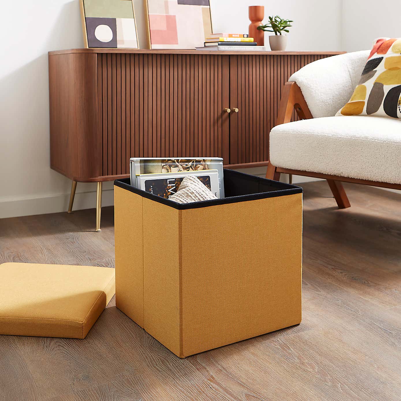 Faux Linen Cube Ottoman