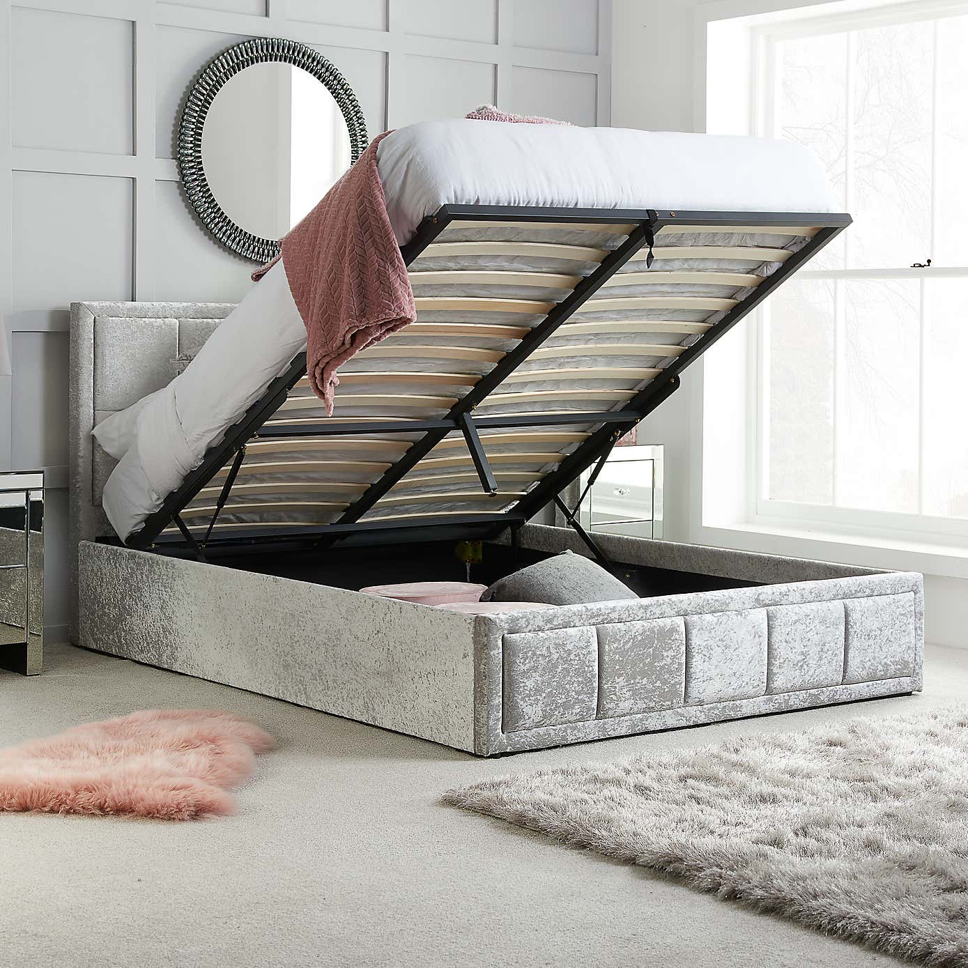 Hannover Steel Crushed Velvet Ottoman Bed