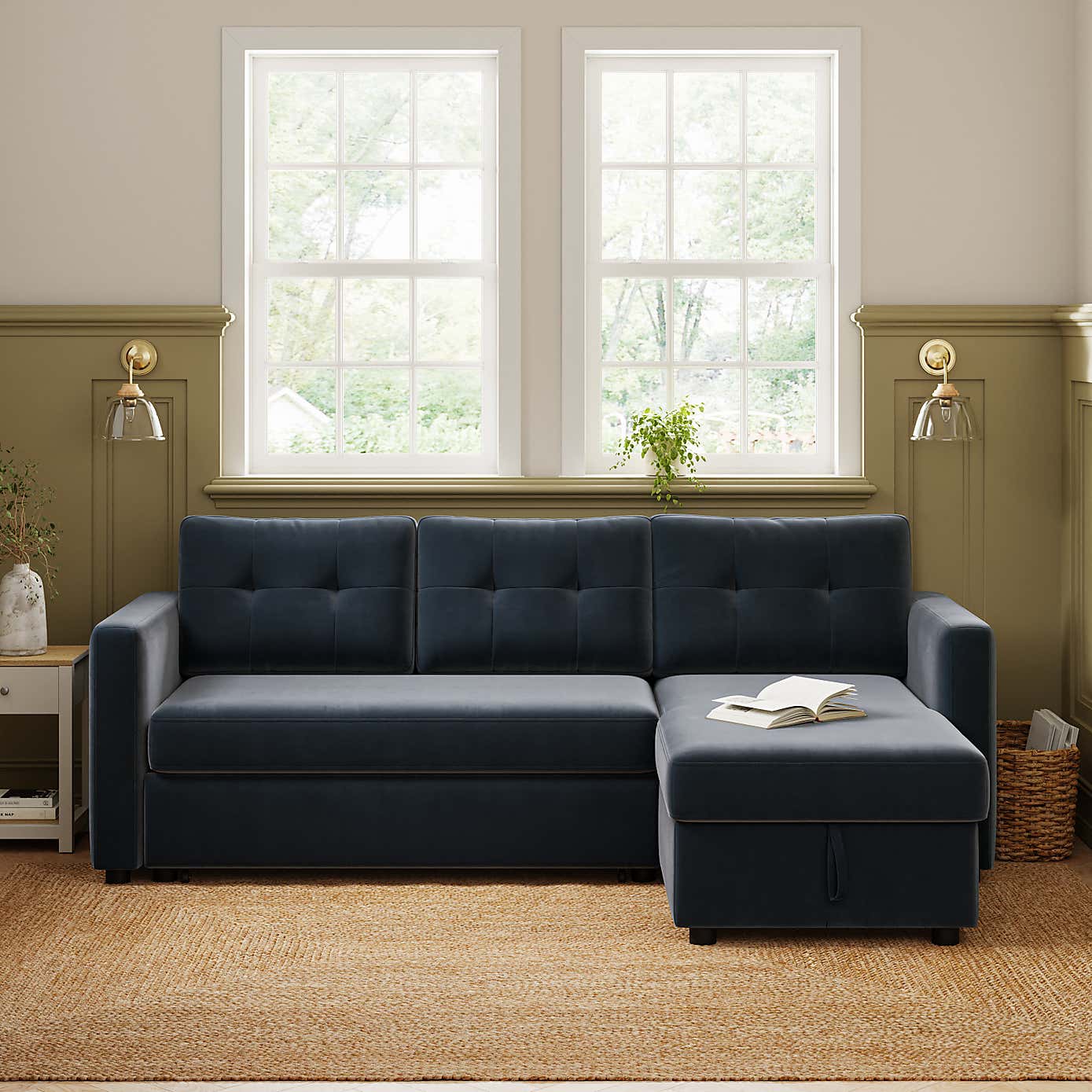 Barker Velvet Trundle Corner Chaise Sofa Bed